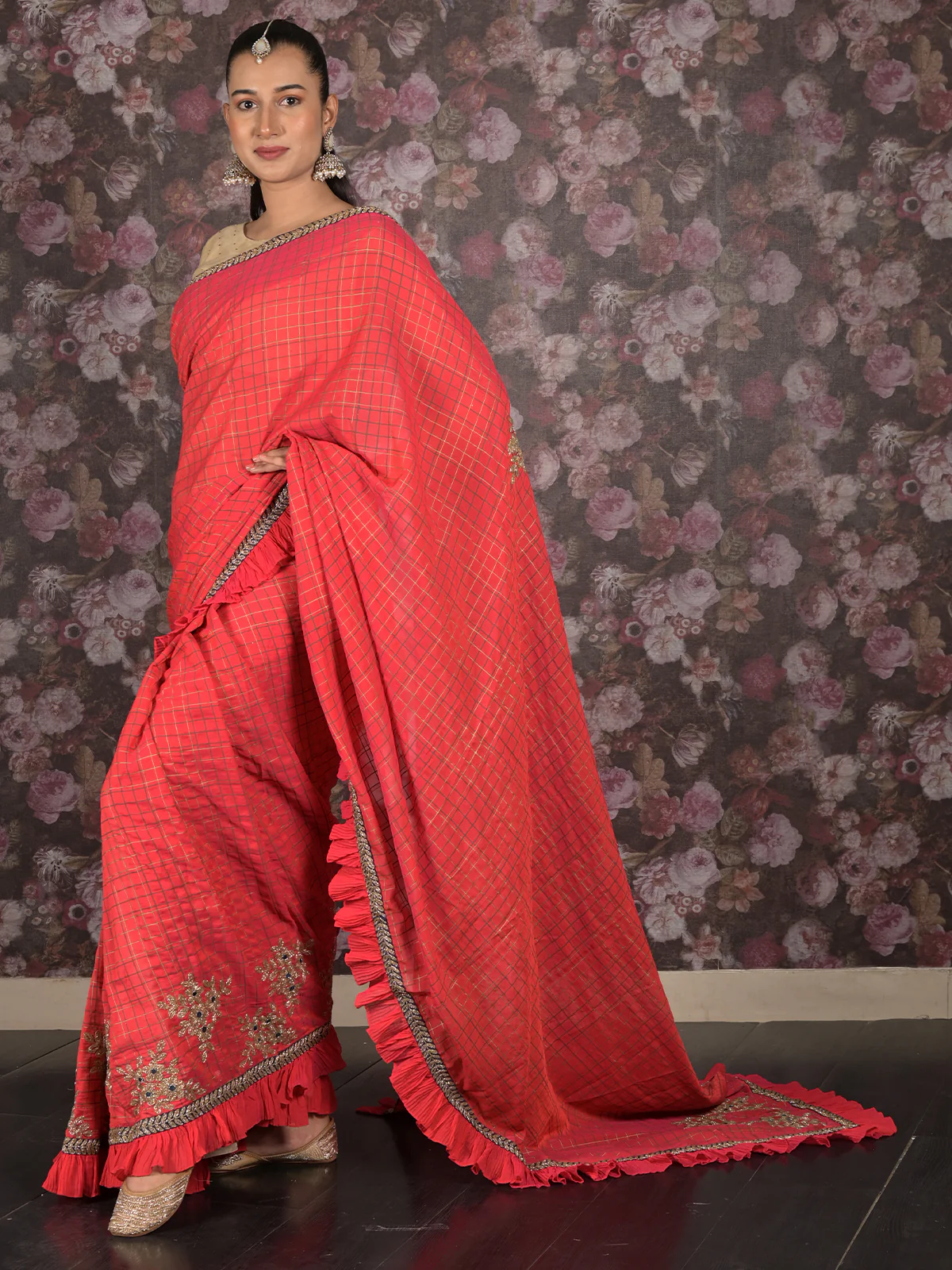 Odette Red Ruffled Polyester Saree Without Blouse For Women - Image 2