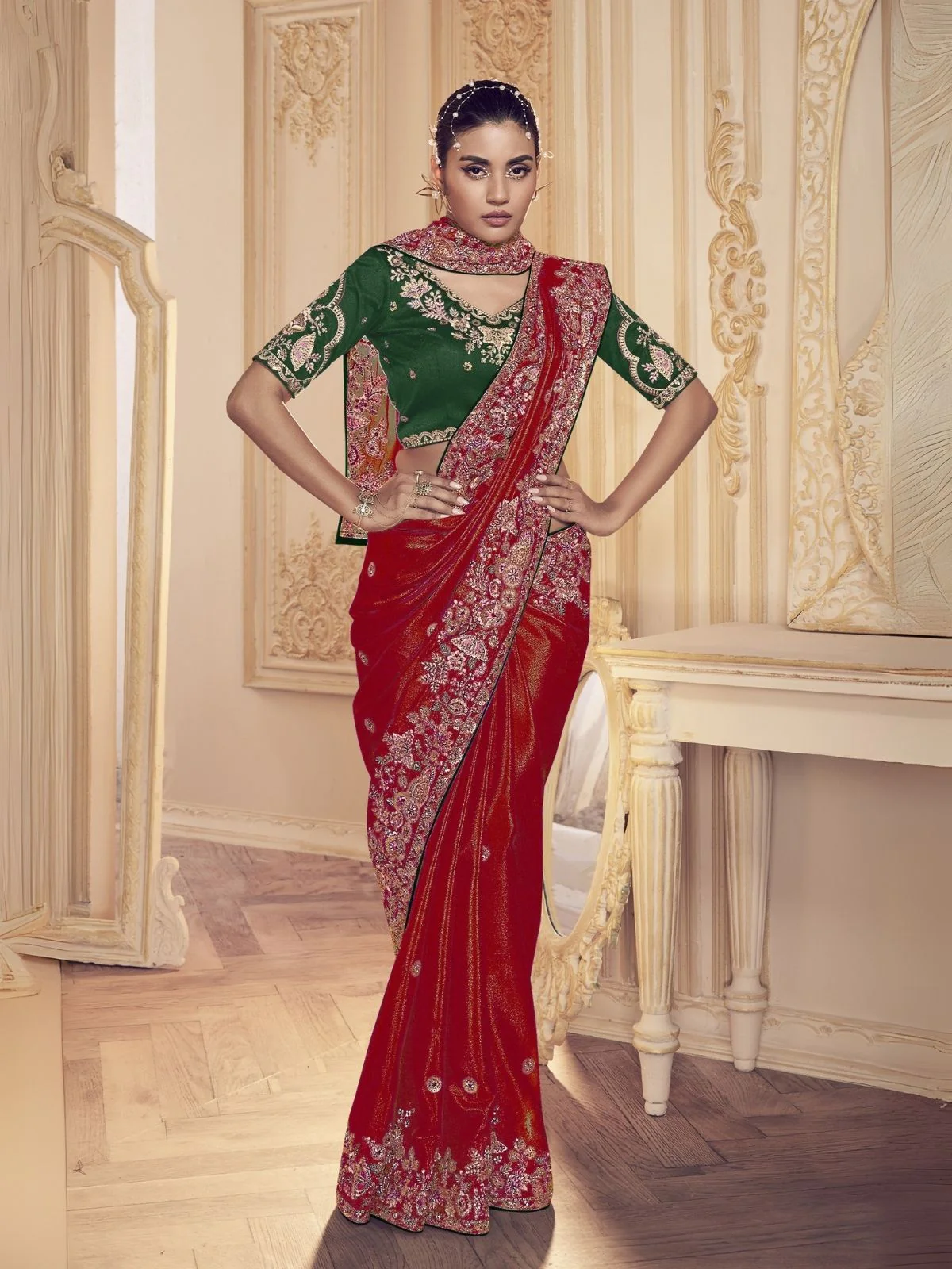Odette Red Satin Embroidered Elegant Saree For Women