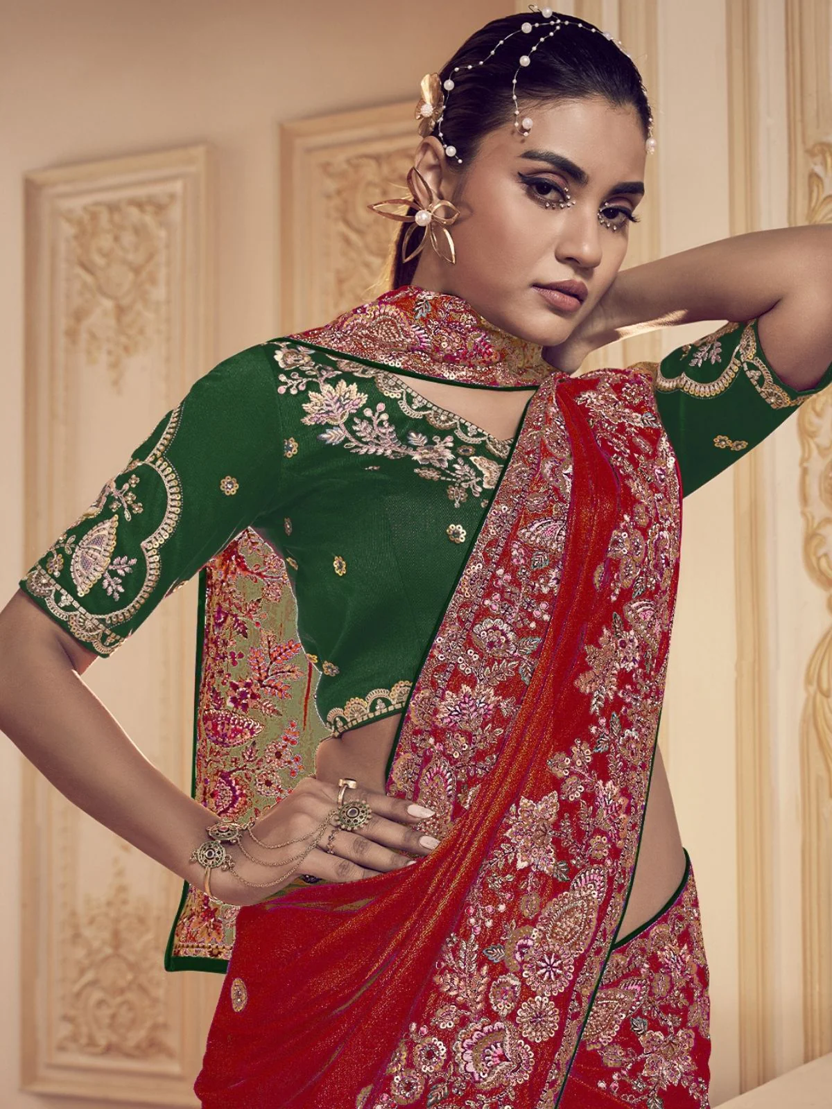 Odette Red Satin Embroidered Elegant Saree For Women - Image 2