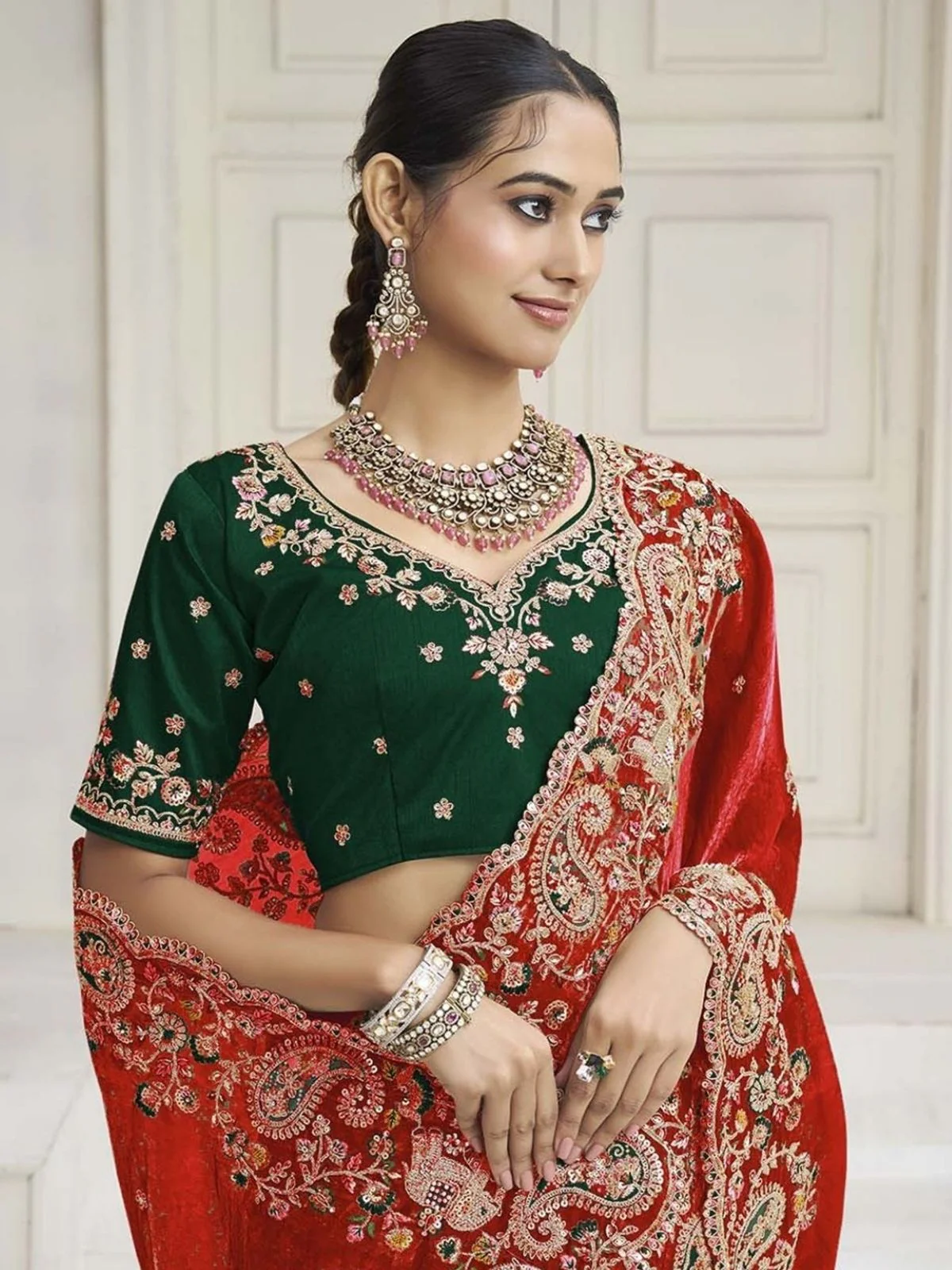 Odette Red Satin Embroidered Saree For Women - Image 2