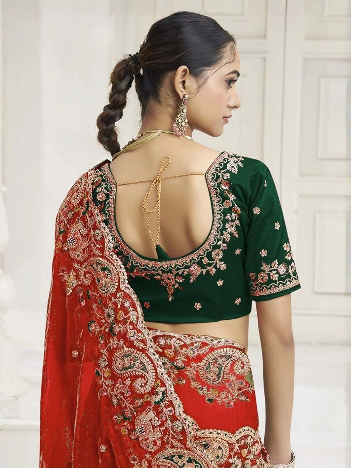 Odette Red Satin Embroidered Saree For Women - Image 3