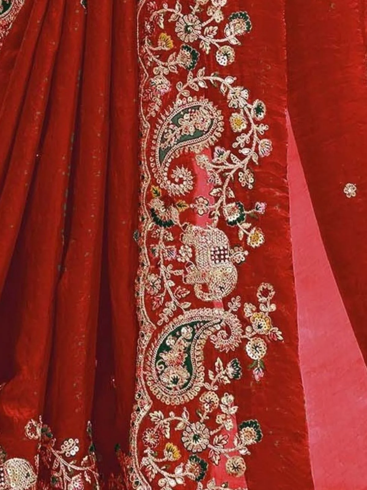 Odette Red Satin Embroidered Saree For Women - Image 4
