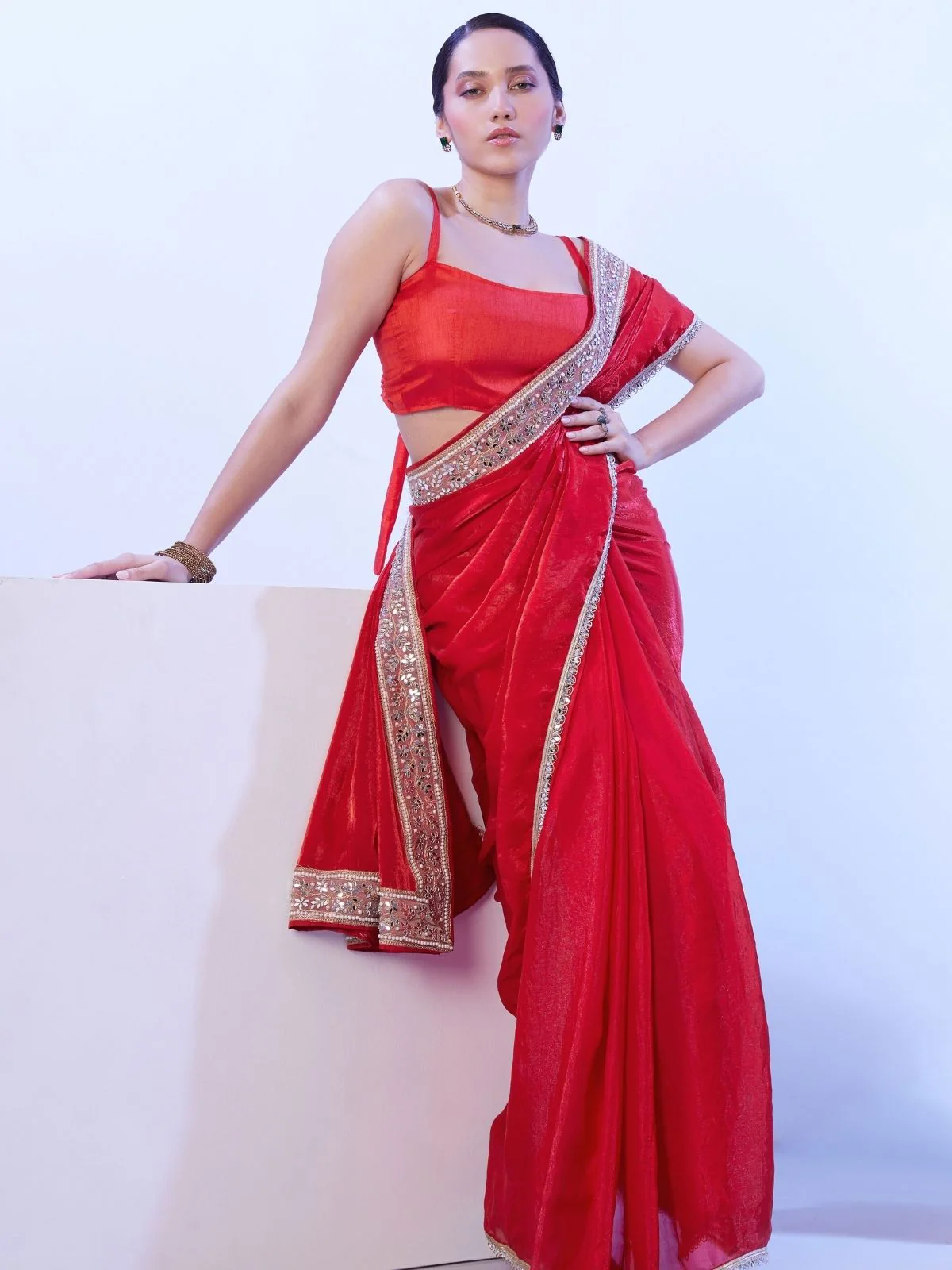 Odette Red Satin Lace Work Saree With Unstitched Blouse For Women - Image 2