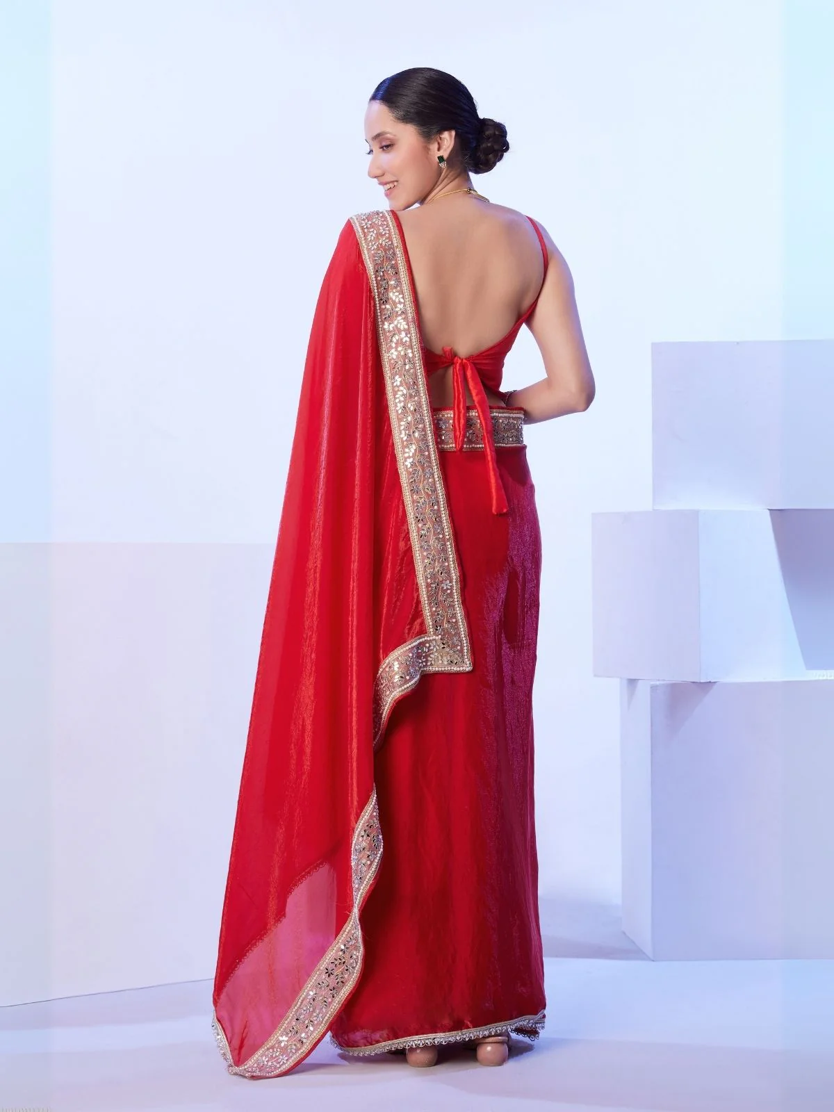 Odette Red Satin Lace Work Saree With Unstitched Blouse For Women - Image 5
