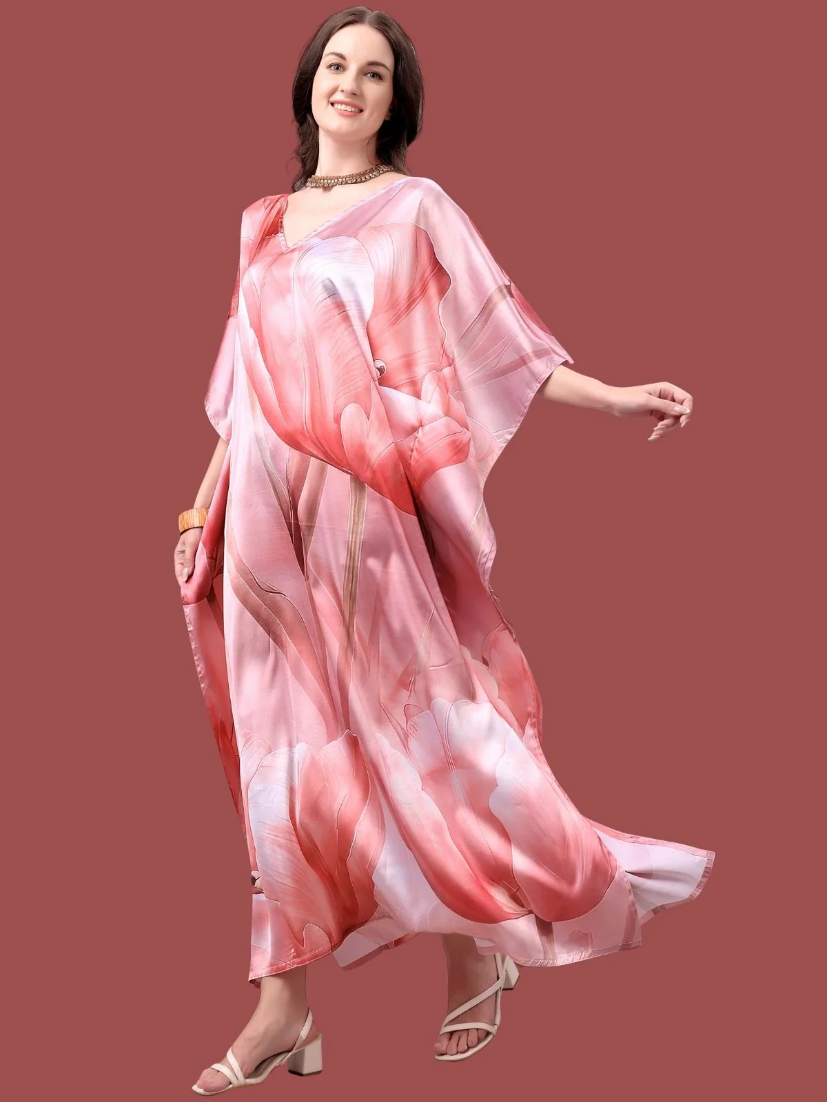 Odette Red Satin Printed Kaftan For Women - Image 2