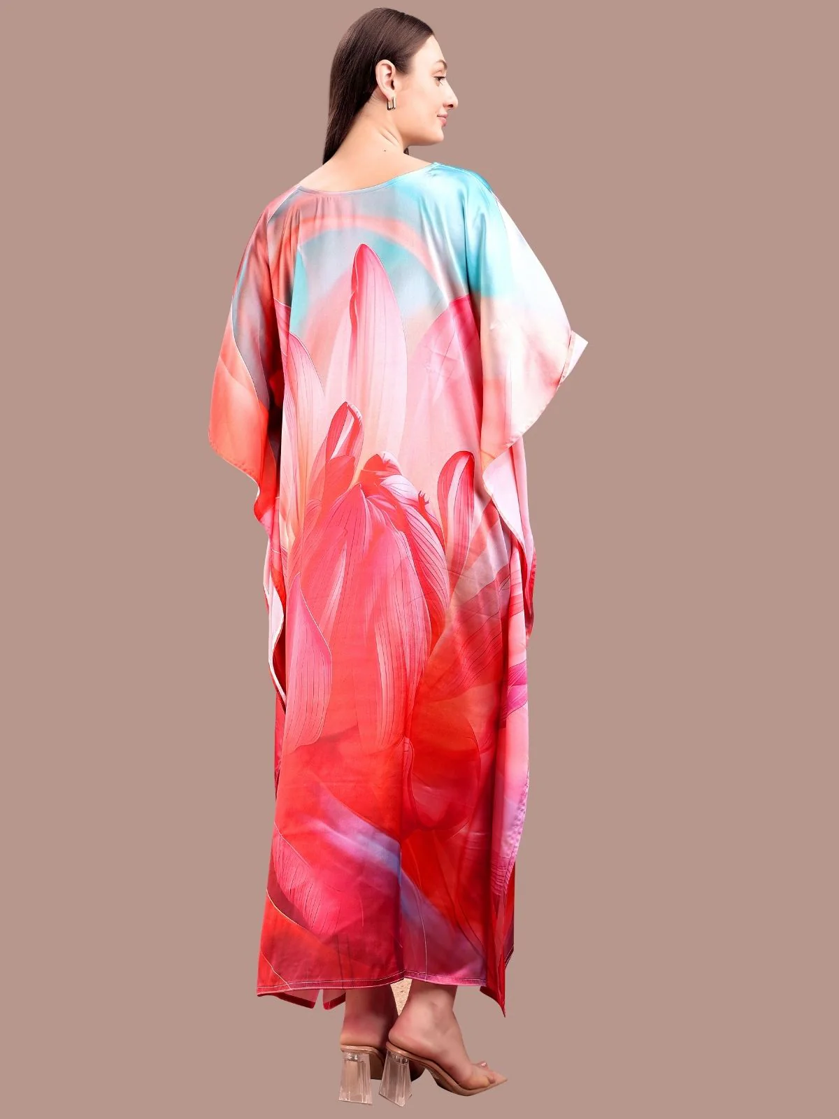 Odette Red Satin Printed Kaftan For Women - Image 3
