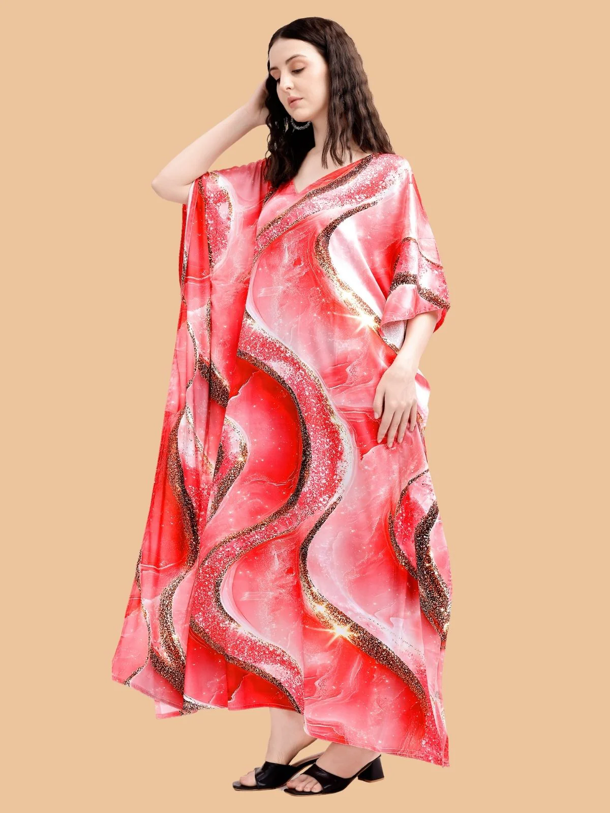Odette Red Satin Printed Kaftan For Women - Image 2
