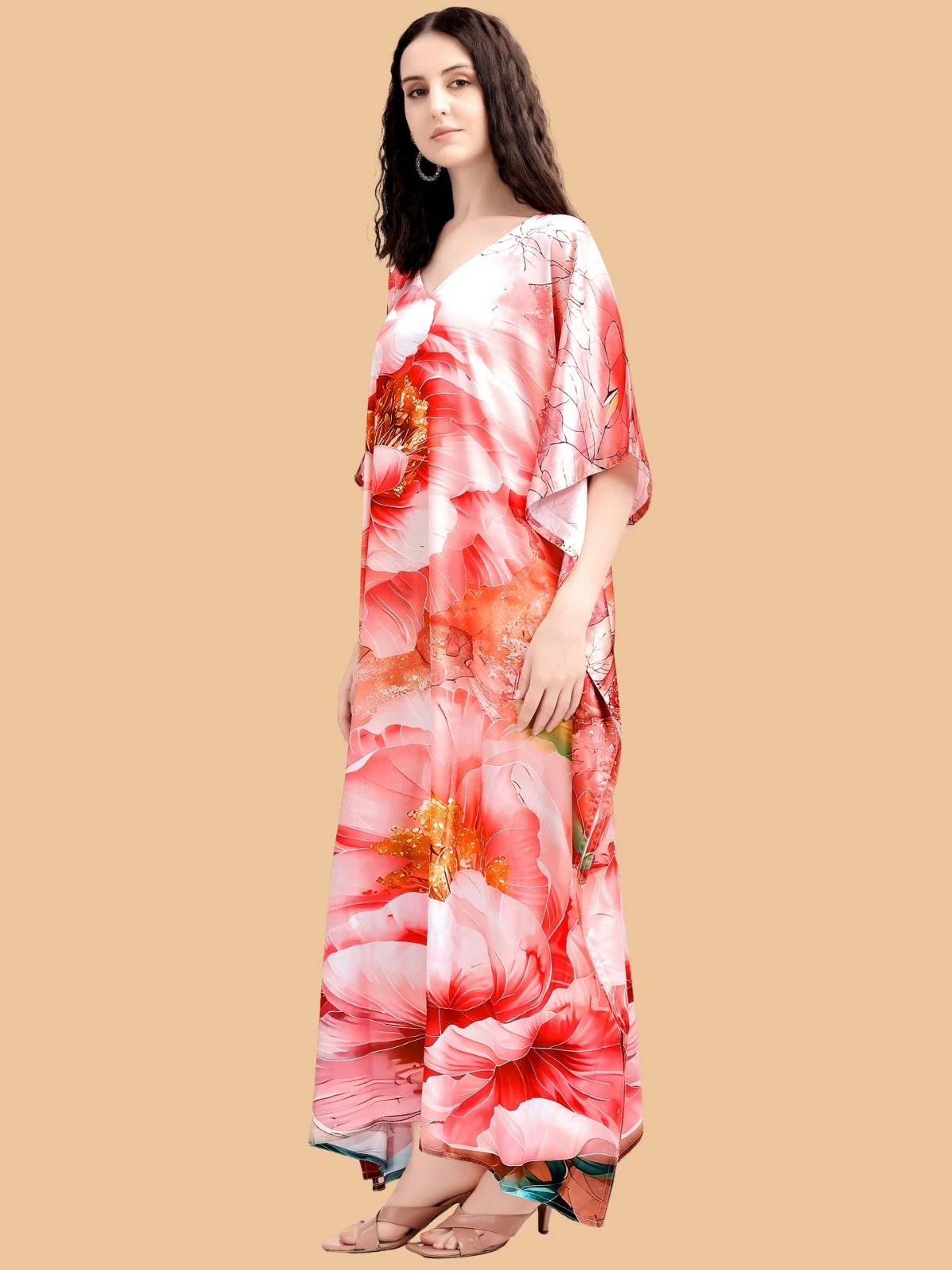 Odette Red Satin Printed Kaftan For Women - Image 2