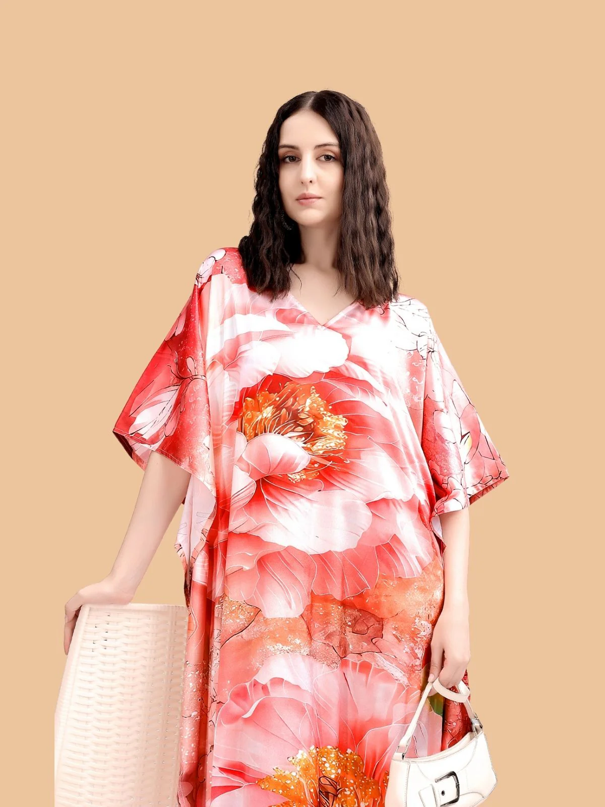 Odette Red Satin Printed Kaftan For Women - Image 4
