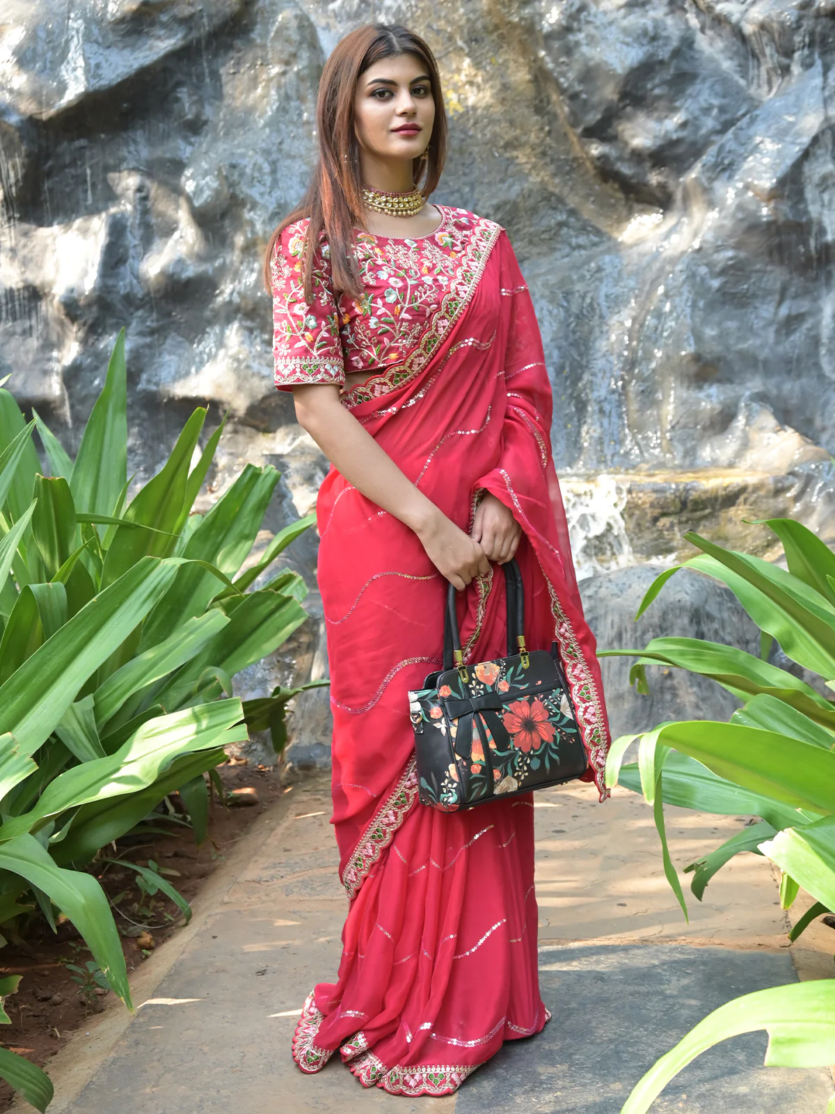 Odette Red Sequins Embroidered Satin Rangoli Saree with Stitched Blouse for Women - Image 2