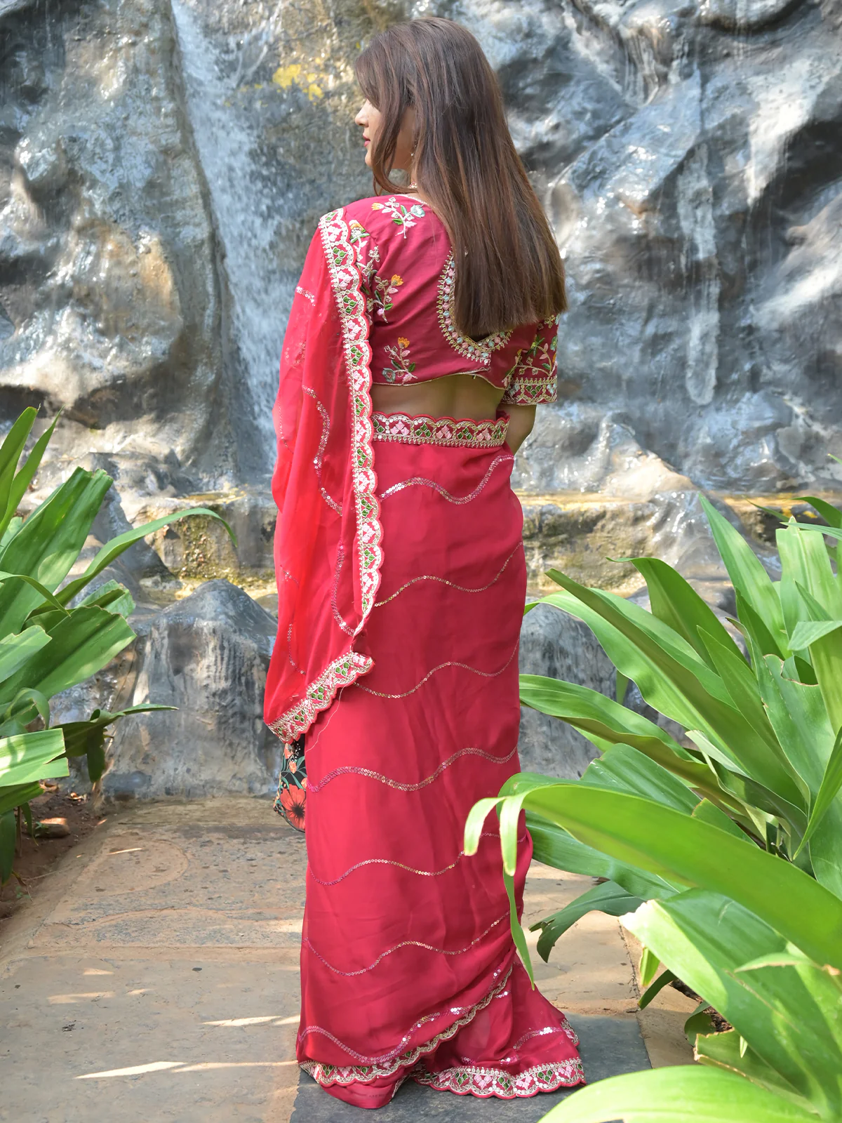 Odette Red Sequins Embroidered Satin Rangoli Saree with Stitched Blouse for Women - Image 3