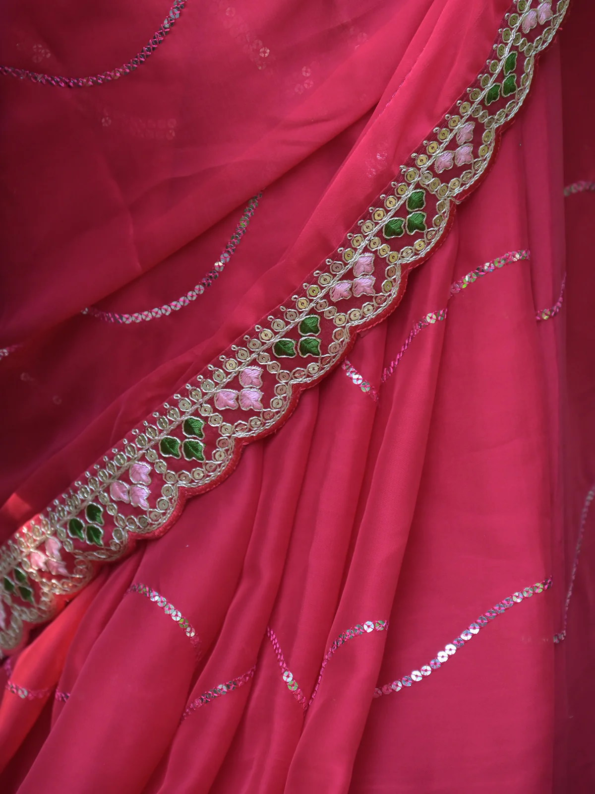 Odette Red Sequins Embroidered Satin Rangoli Saree with Stitched Blouse for Women - Image 5