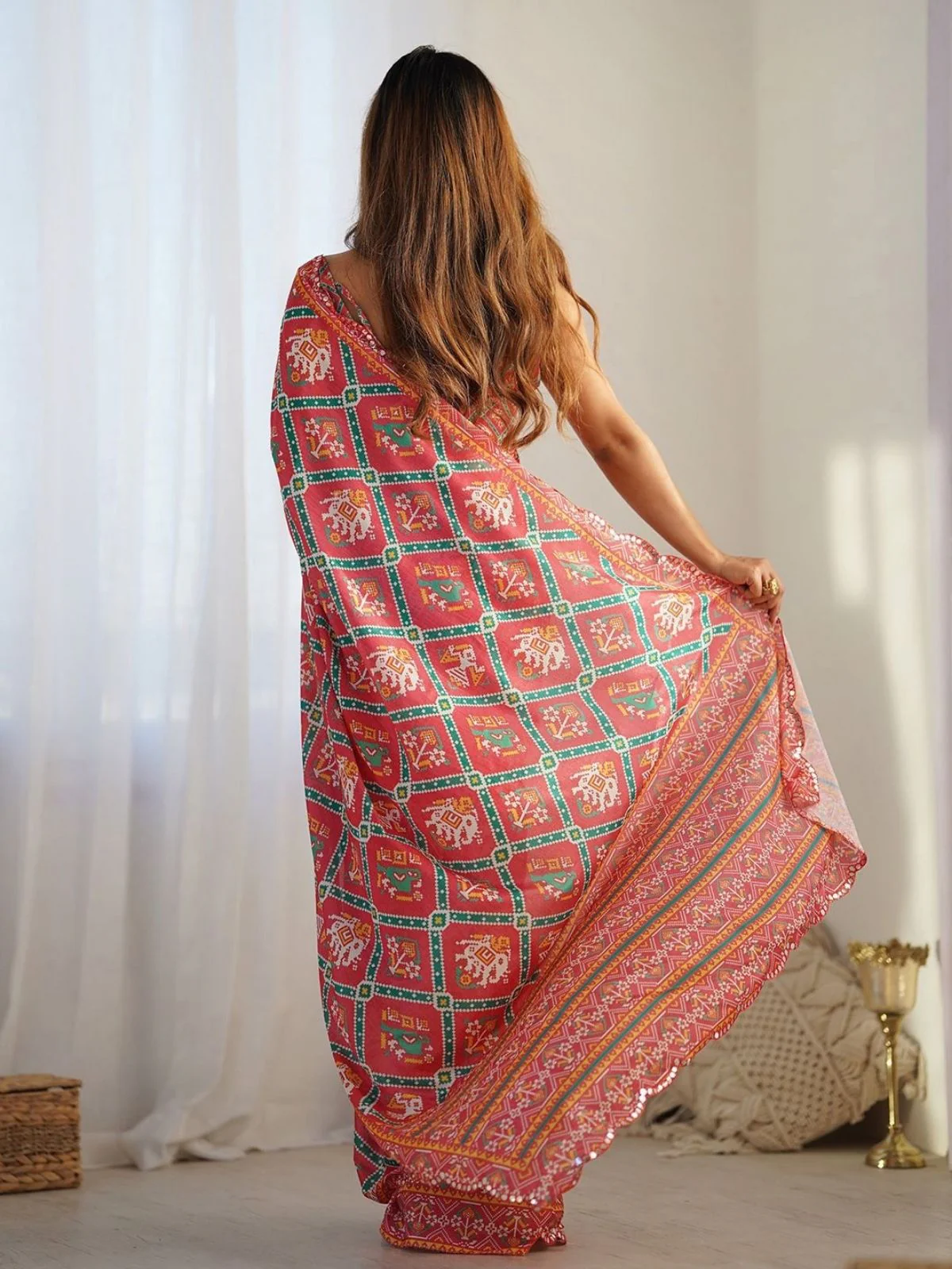 Odette Red Silk Blend Bandhini Print & Cutwork Saree For Women - Image 3