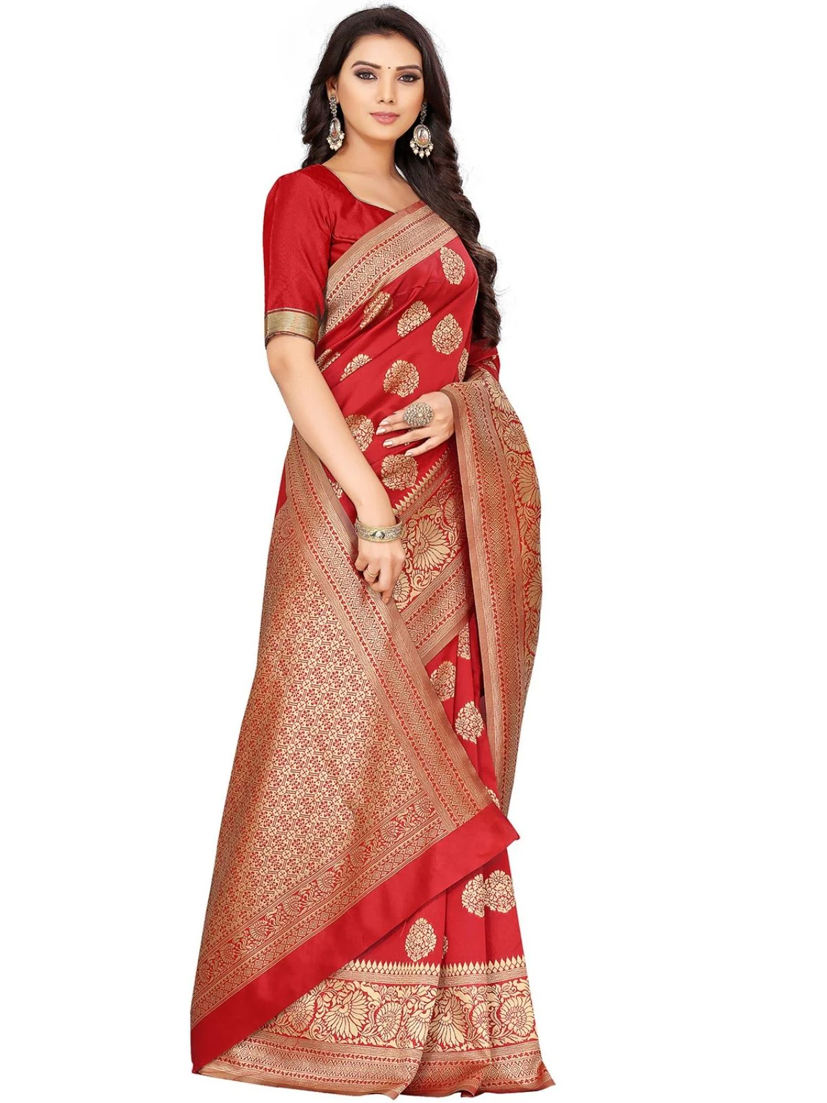 Odette Red Silk Blend Embellished Saree For Women - Image 2