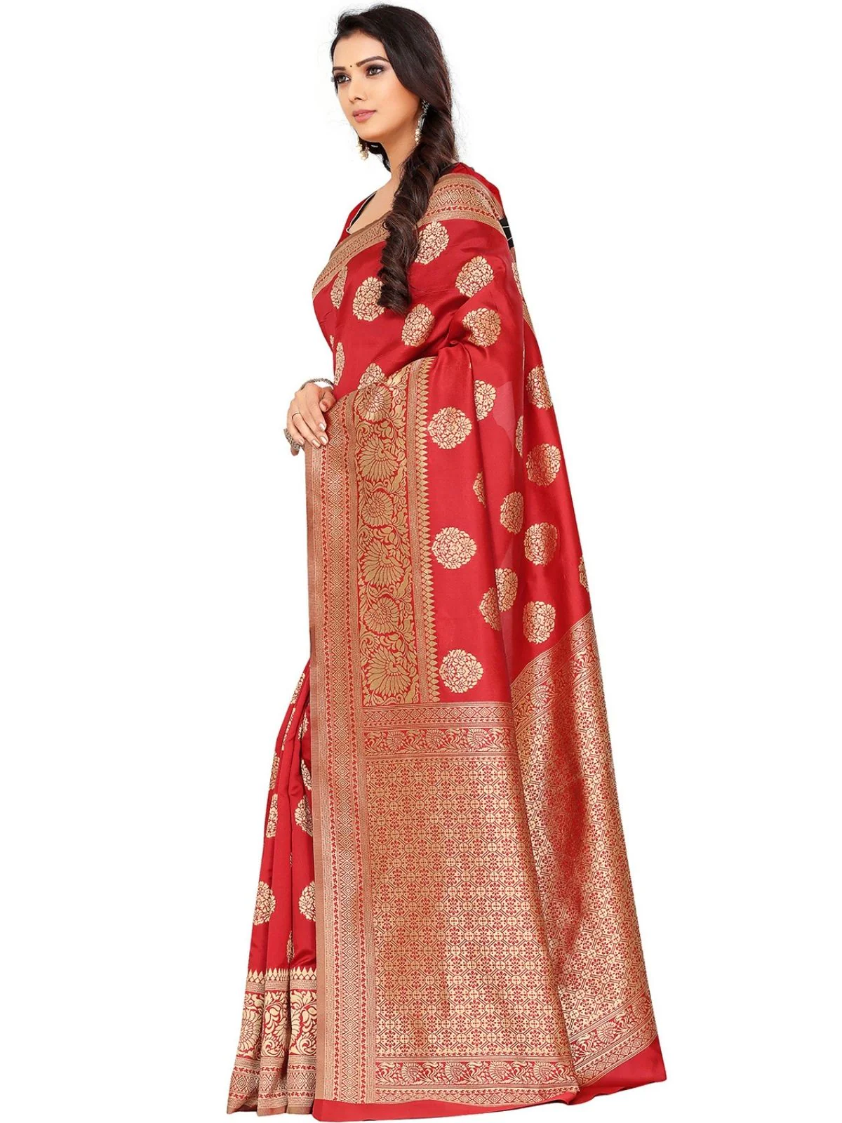 Odette Red Silk Blend Embellished Saree For Women - Image 3