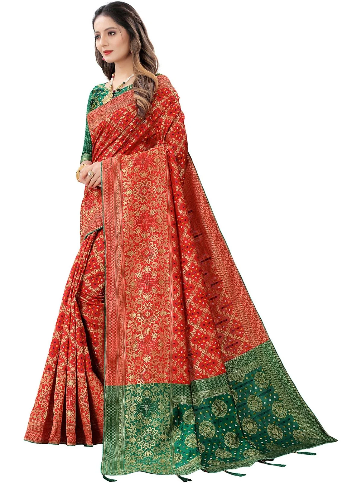 Odette Red Silk Blend Embellished Saree For Women - Image 2
