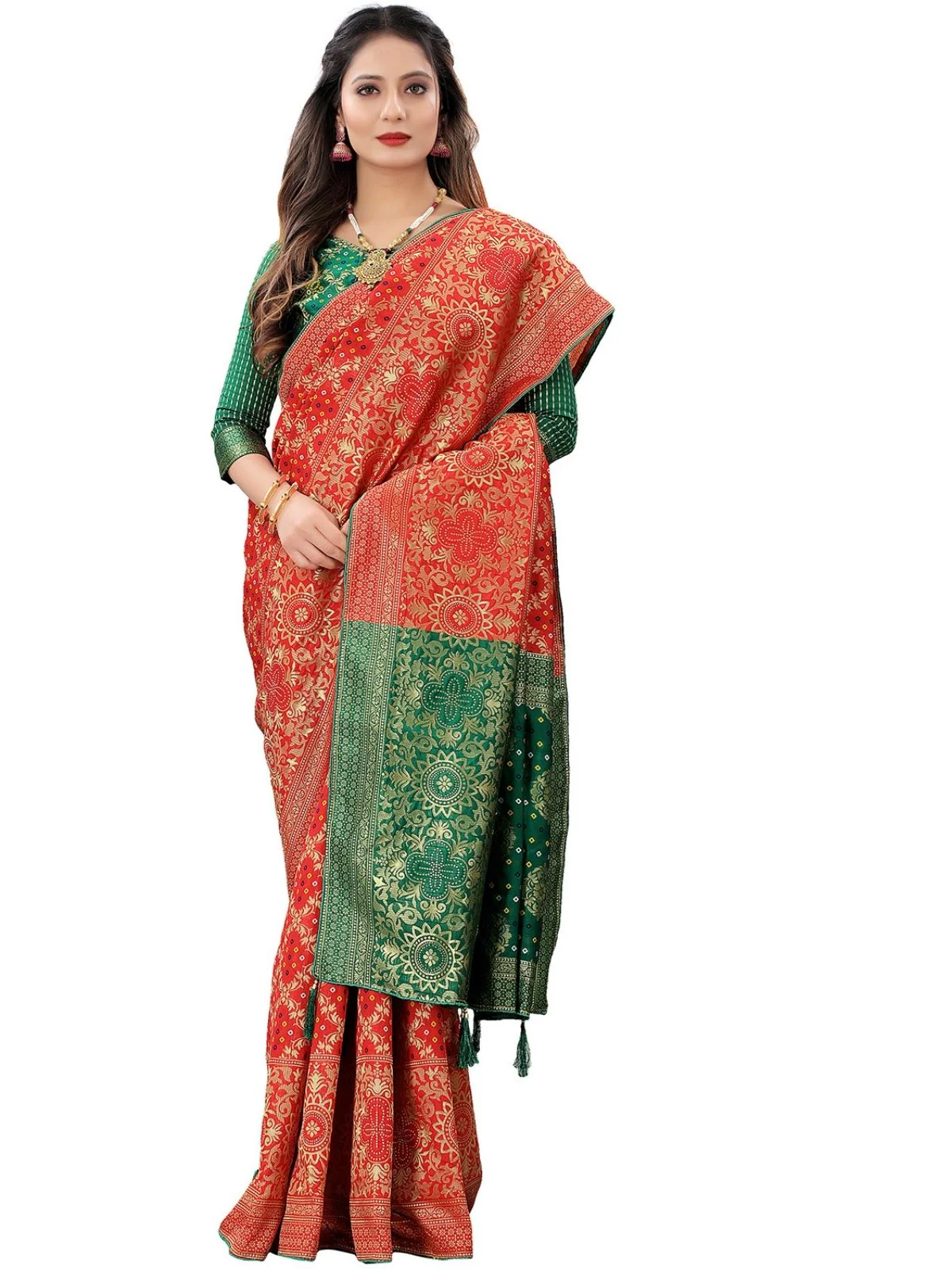 Odette Red Silk Blend Embellished Saree For Women - Image 4