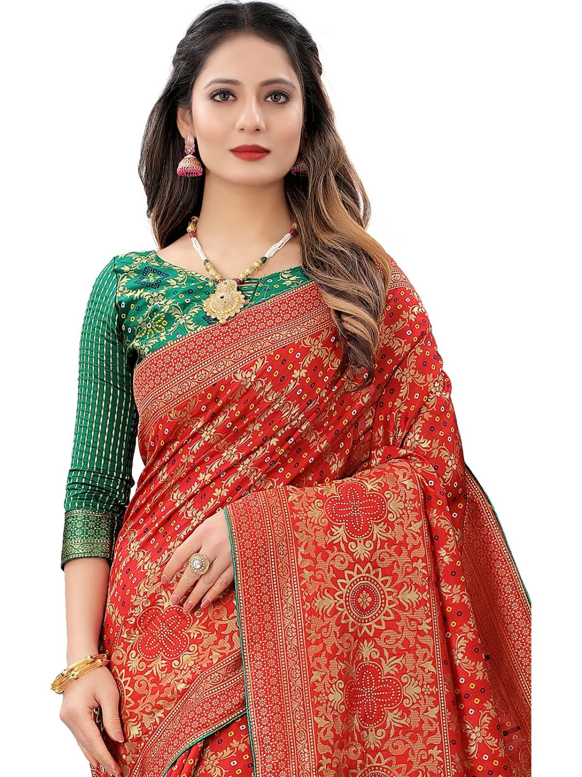 Odette Red Silk Blend Embellished Saree For Women - Image 5