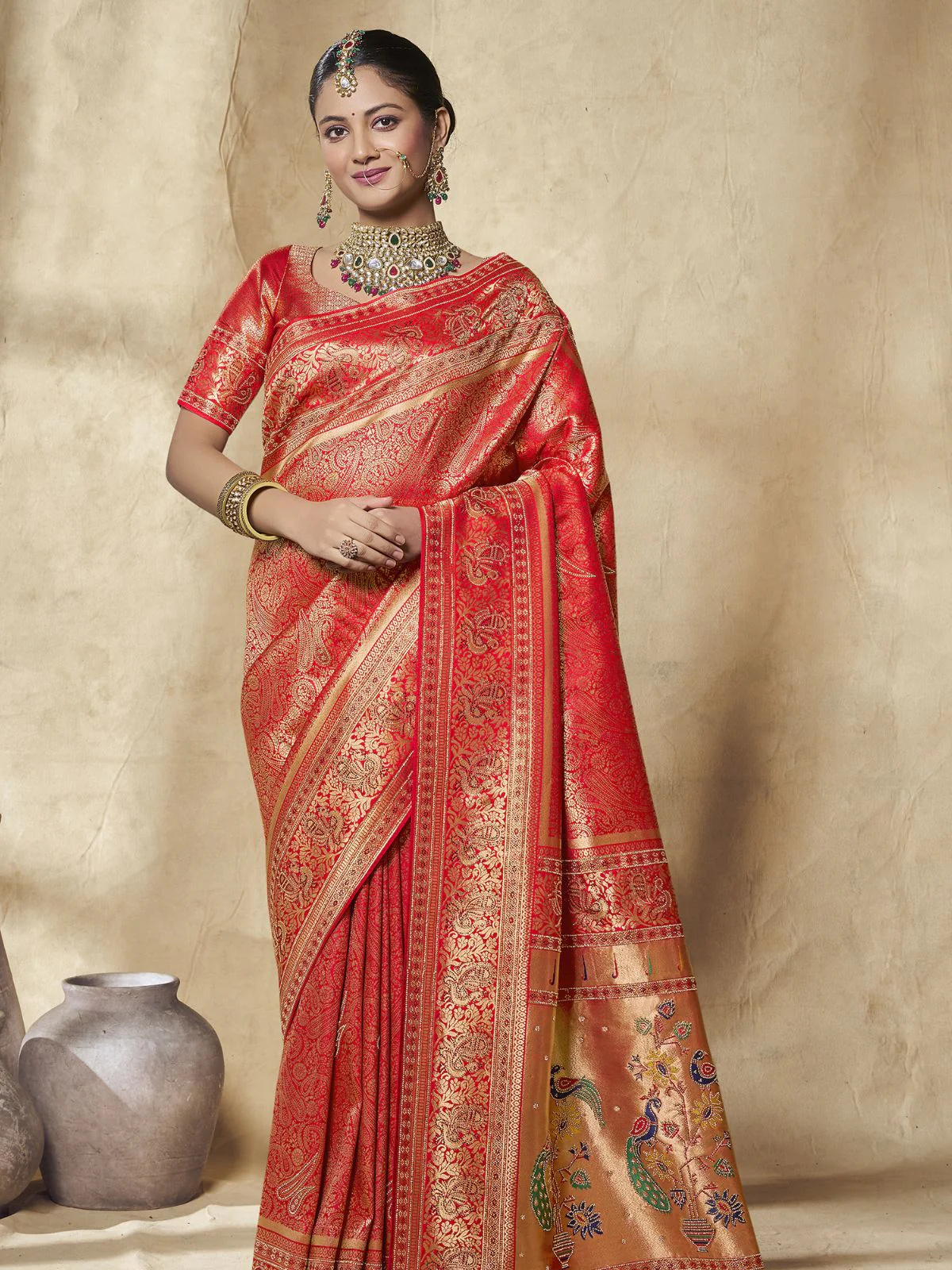 Odette Red Silk Blend Embellished Saree For Women - Image 2
