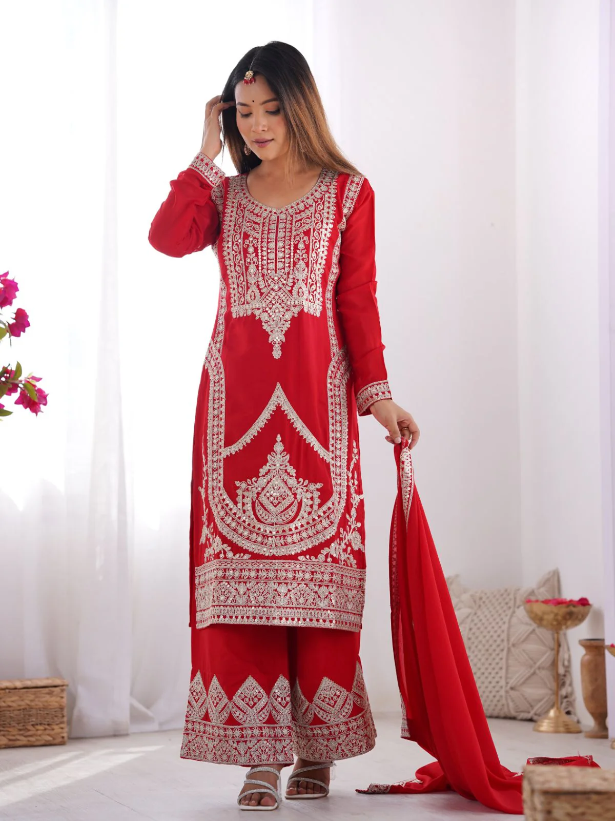 Odette Red Silk Blend Embroidered Kurta Set For Women