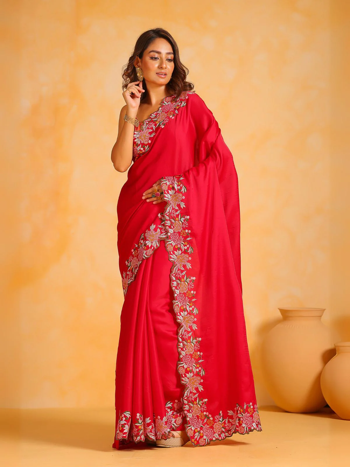 Odette Red Silk Blend Embroidered Saree With Unstitched Blouse For Women - Image 2