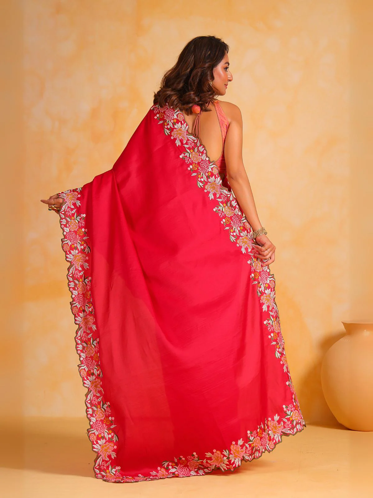 Odette Red Silk Blend Embroidered Saree With Unstitched Blouse For Women - Image 4