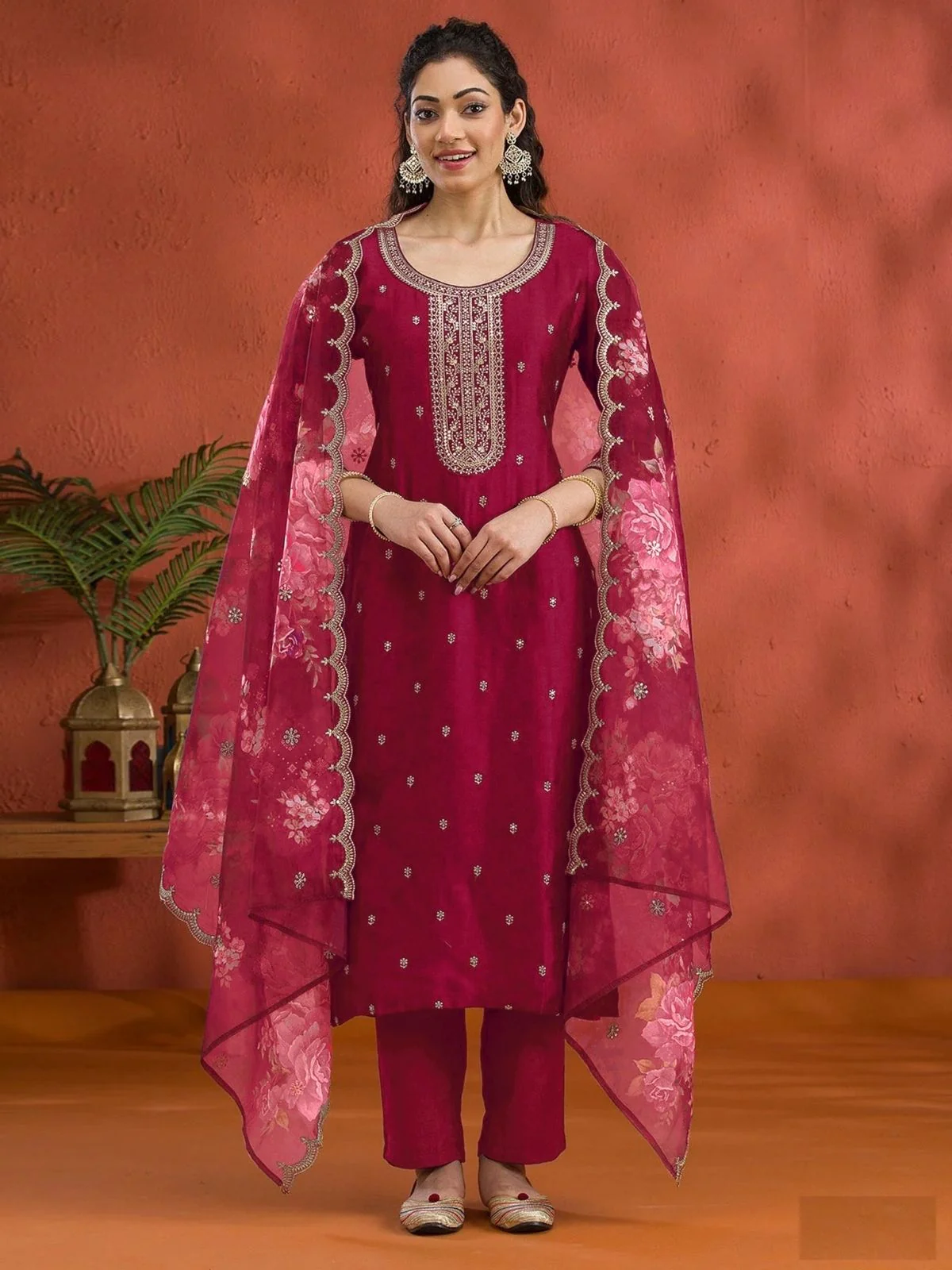 Odette Red Silk Blend Embroidered Semi-Sitched Kurta Set For Women