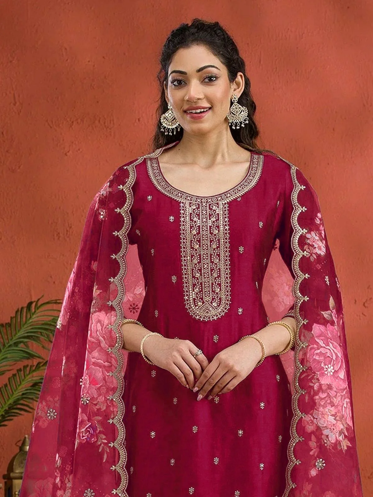 Odette Red Silk Blend Embroidered Semi-Sitched Kurta Set For Women - Image 2
