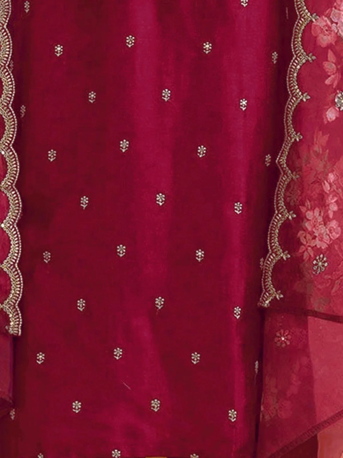 Odette Red Silk Blend Embroidered Semi-Sitched Kurta Set For Women - Image 3