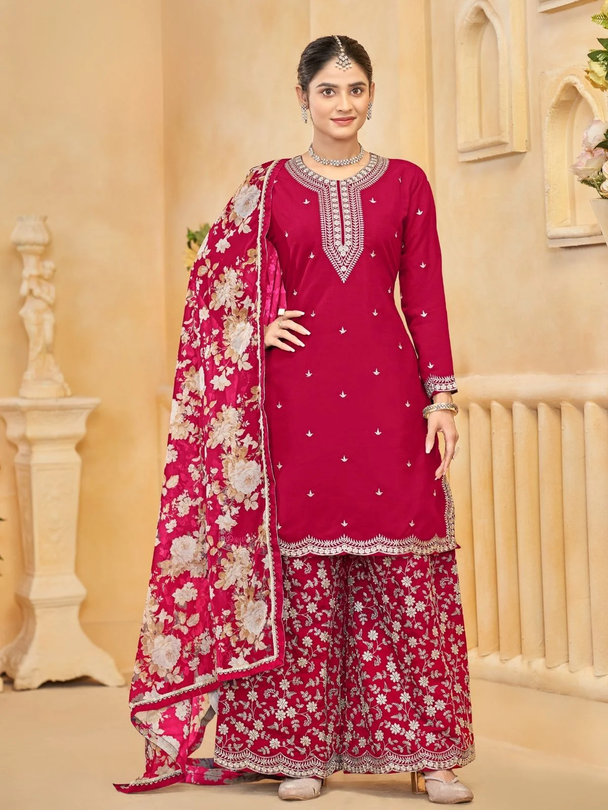 Odette Red Silk Blend Embroidered Semi-Stiched Kurta Set For Women