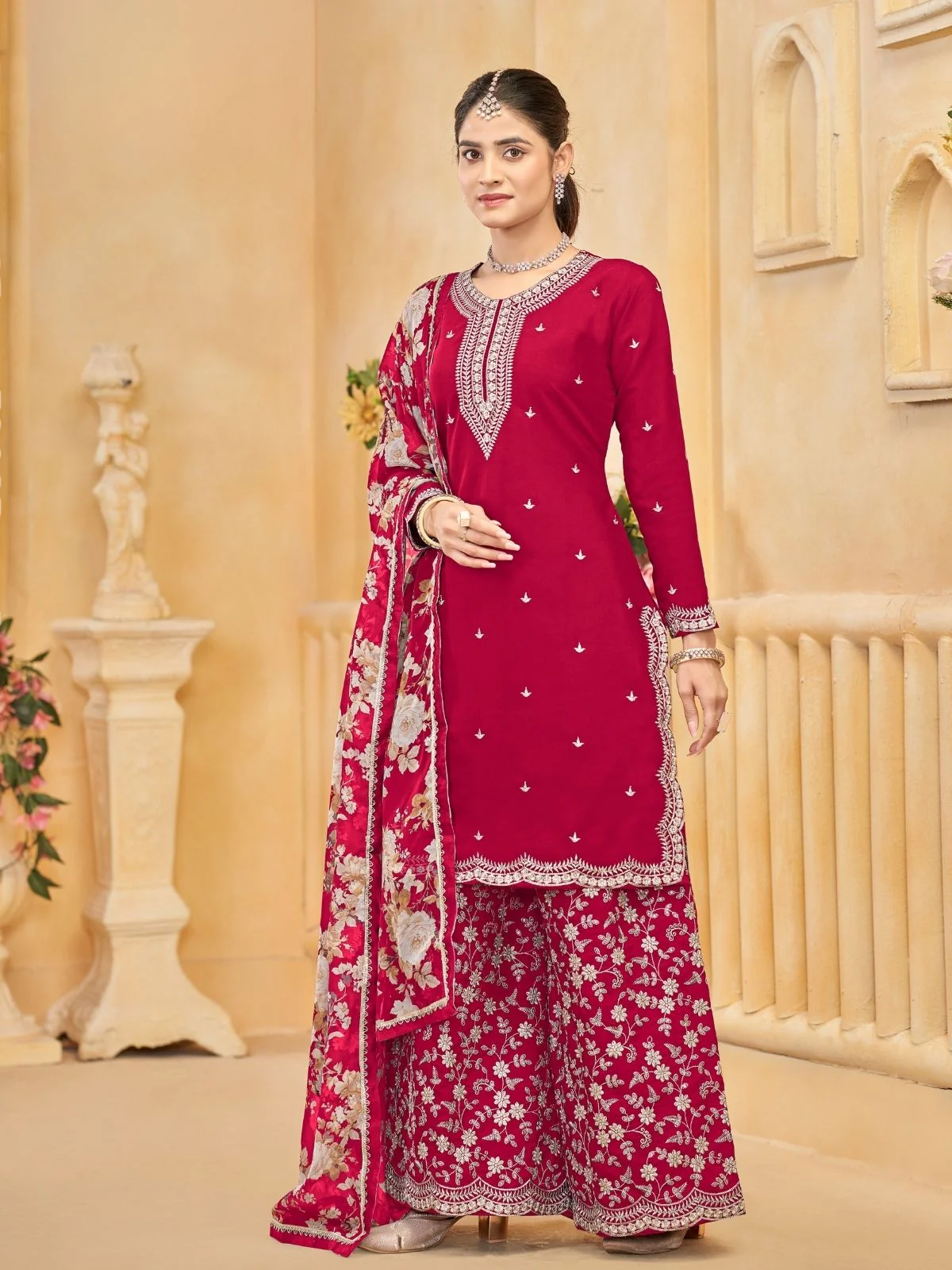 Odette Red Silk Blend Embroidered Semi-Stiched Kurta Set For Women - Image 2