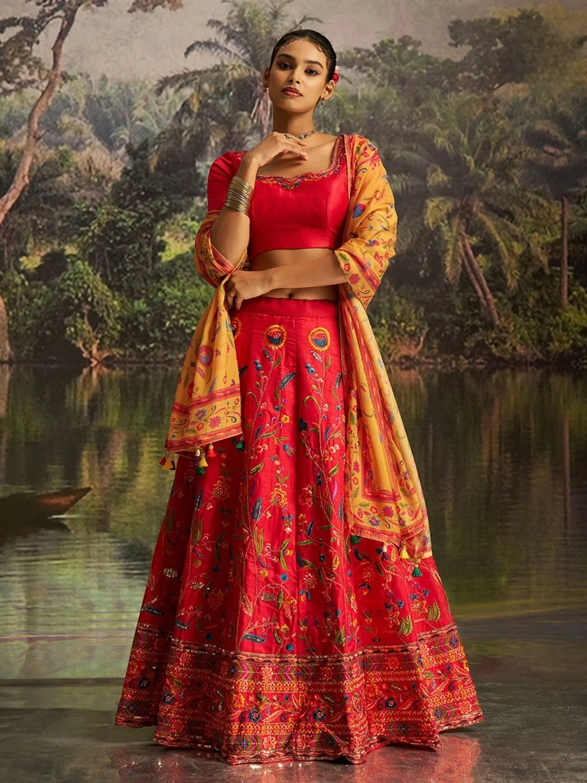Odette Red Silk Blend Embroidered Semi-Stitched Lehenga Choli For Women - Image 2
