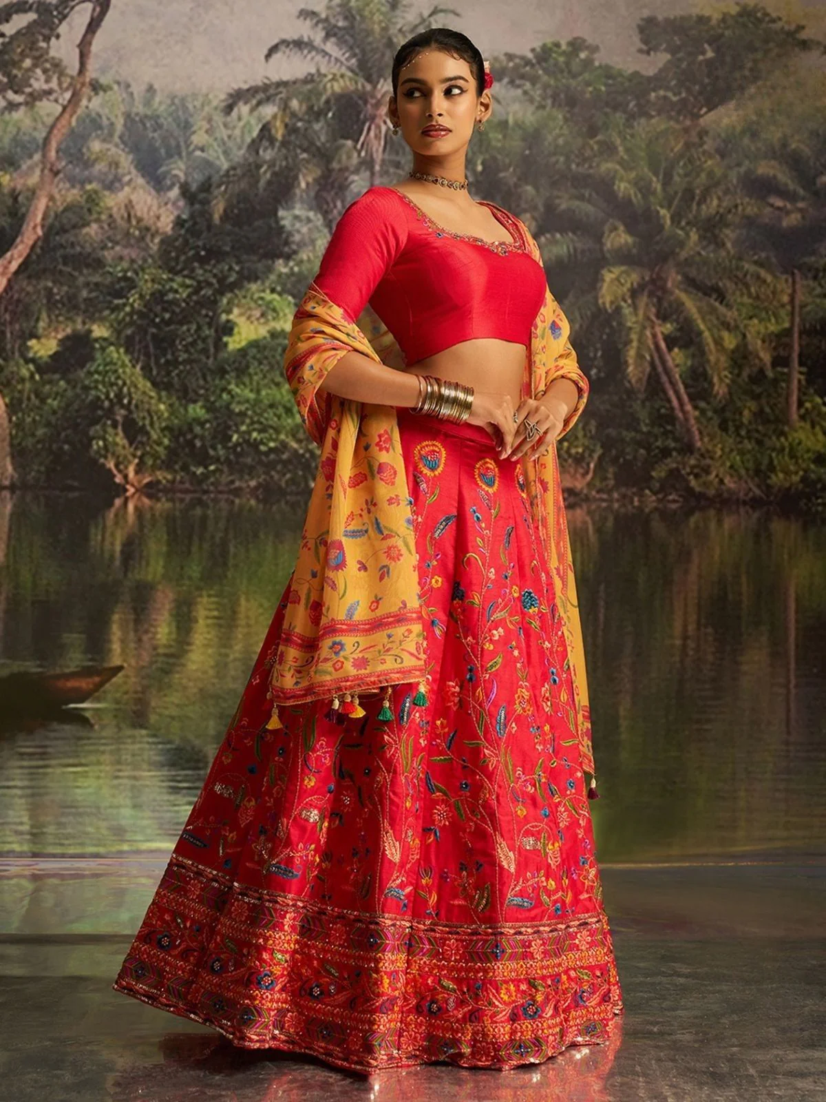 Odette Red Silk Blend Embroidered Semi-Stitched Lehenga Choli For Women - Image 4