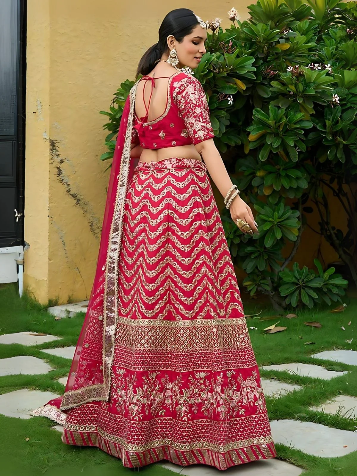 Odette Red Silk Blend Embroidered Semi-Stitched Lehenga For Women - Image 2