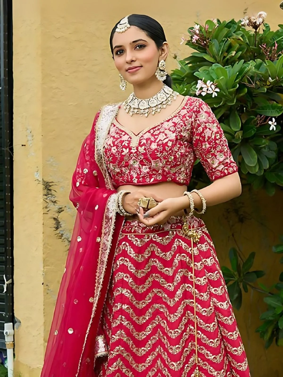 Odette Red Silk Blend Embroidered Semi-Stitched Lehenga For Women - Image 3
