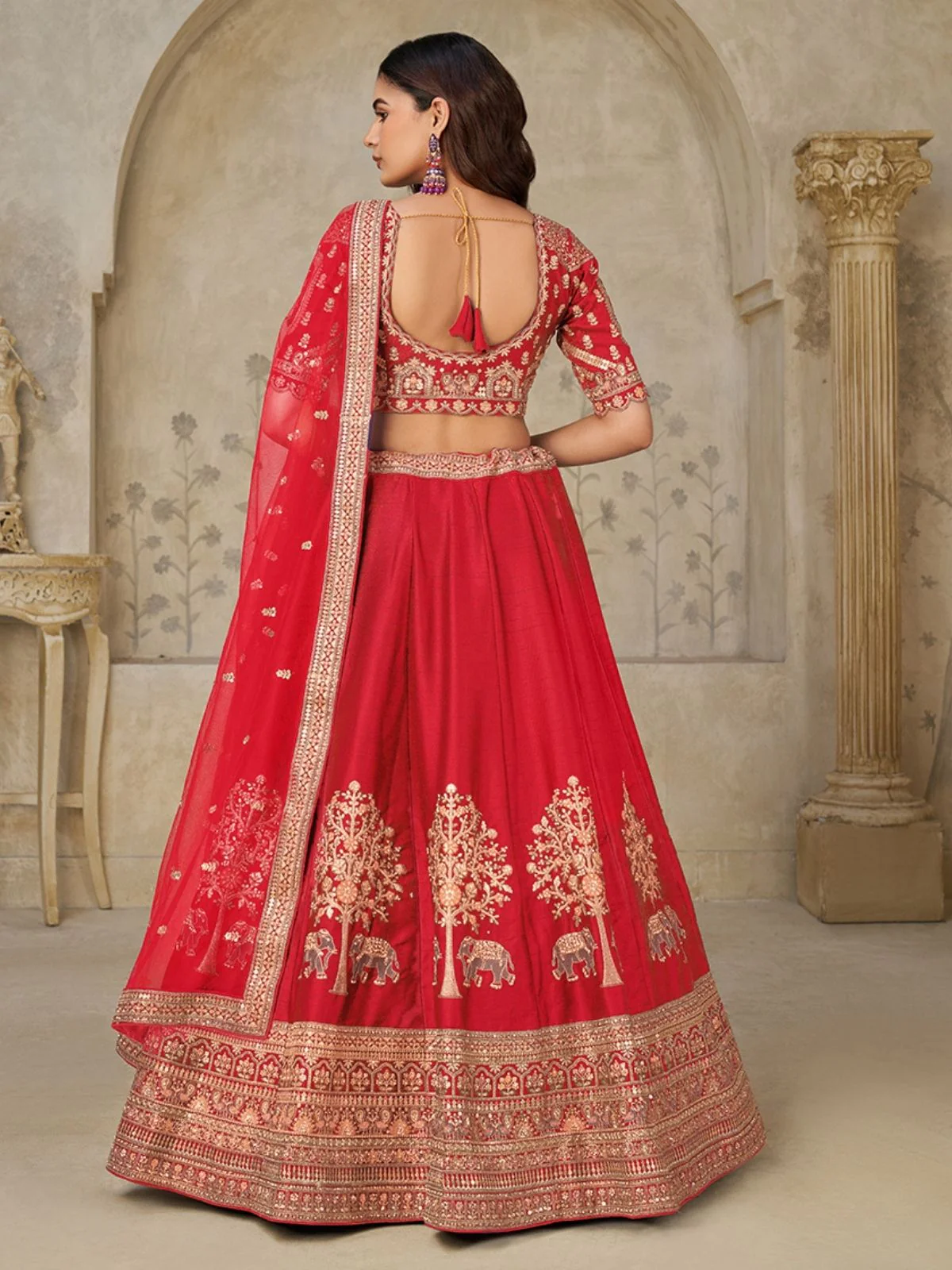 Odette Red Silk Blend Embroidered Semi-Stitched Lehenga For Women - Image 2