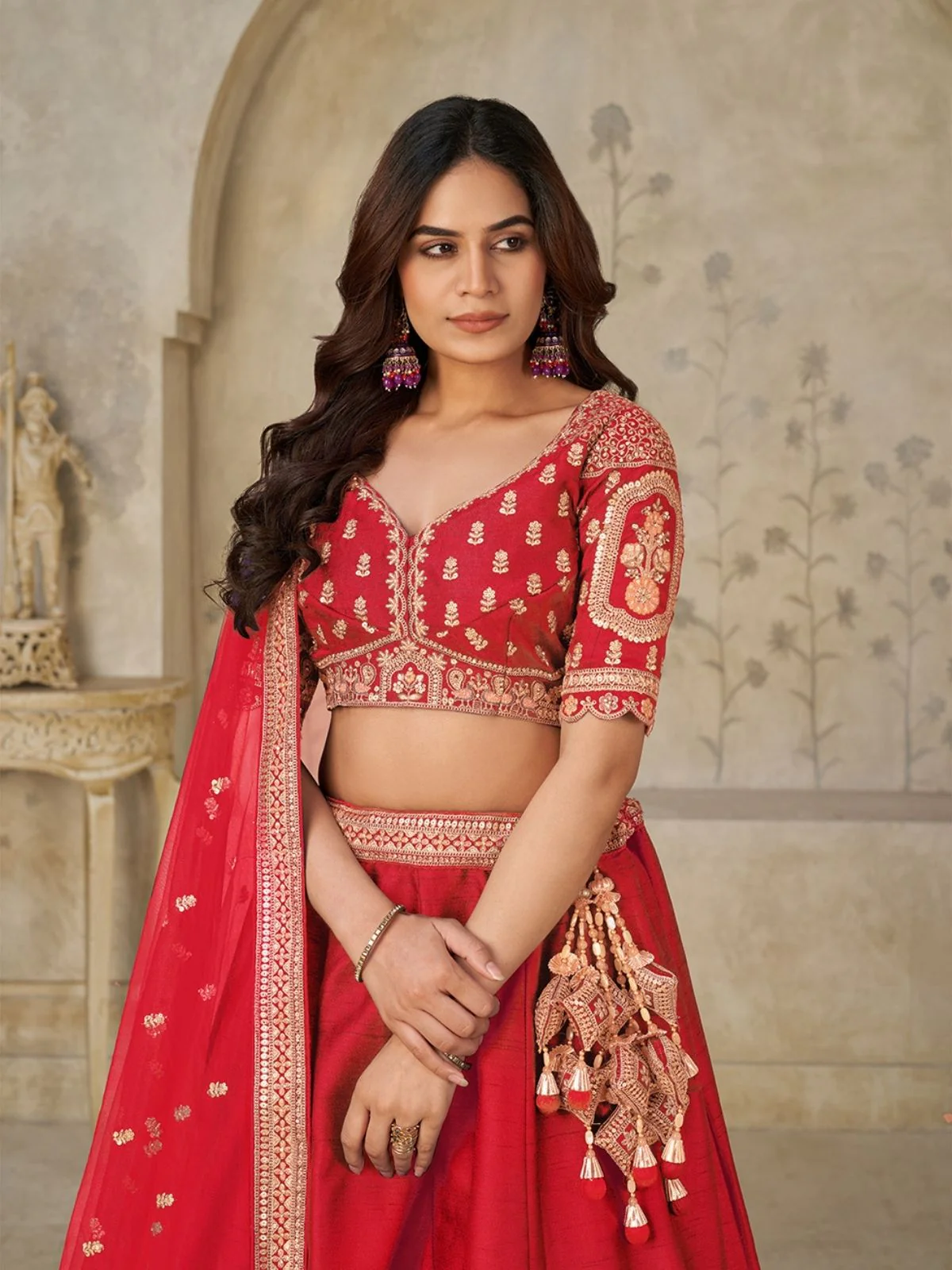 Odette Red Silk Blend Embroidered Semi-Stitched Lehenga For Women - Image 3