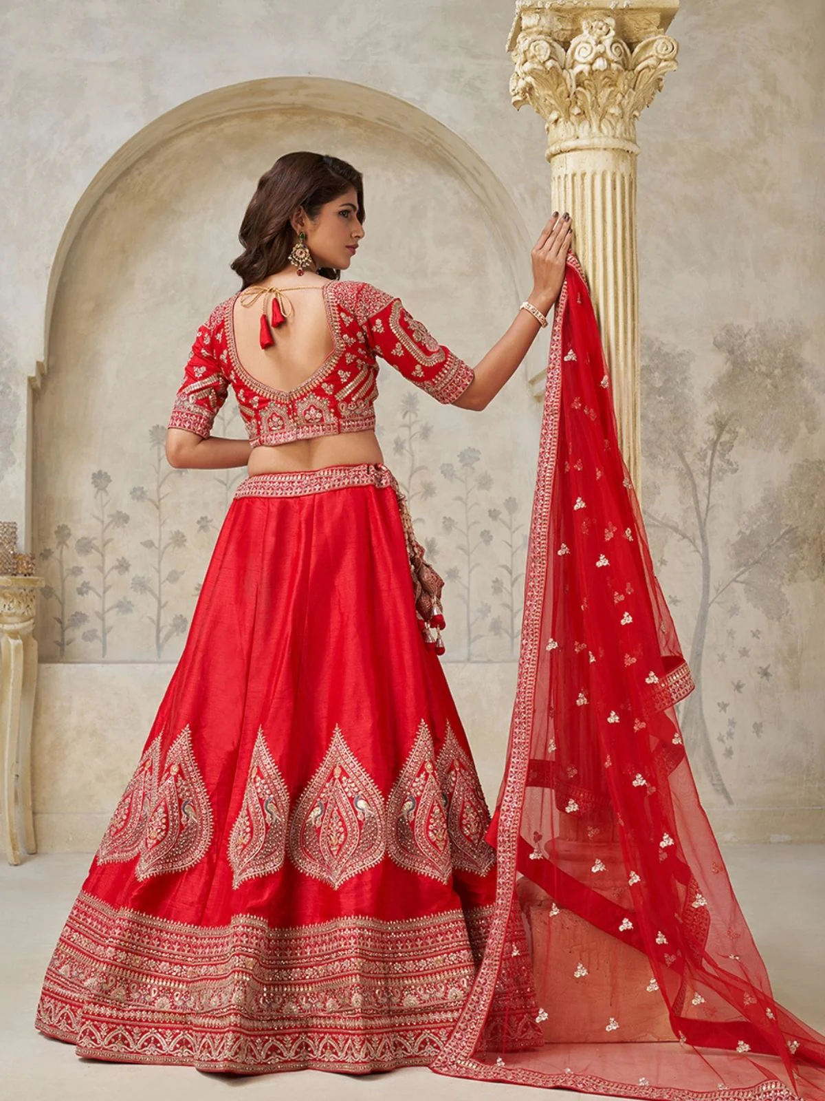 Odette Red Silk Blend Embroidered Semi-Stitched Lehenga For Women - Image 2