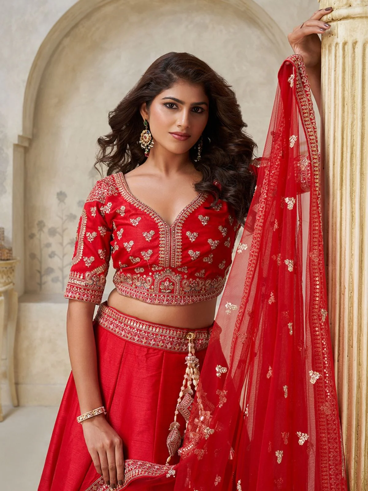 Odette Red Silk Blend Embroidered Semi-Stitched Lehenga For Women - Image 3