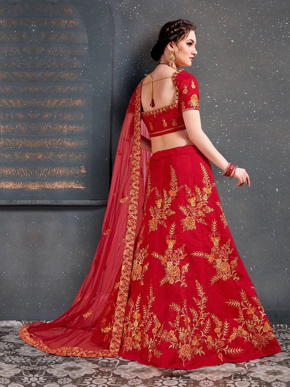 Odette Red Silk Blend Embroidered Semi Stitched Lehenga With Blouse For Women - Image 3