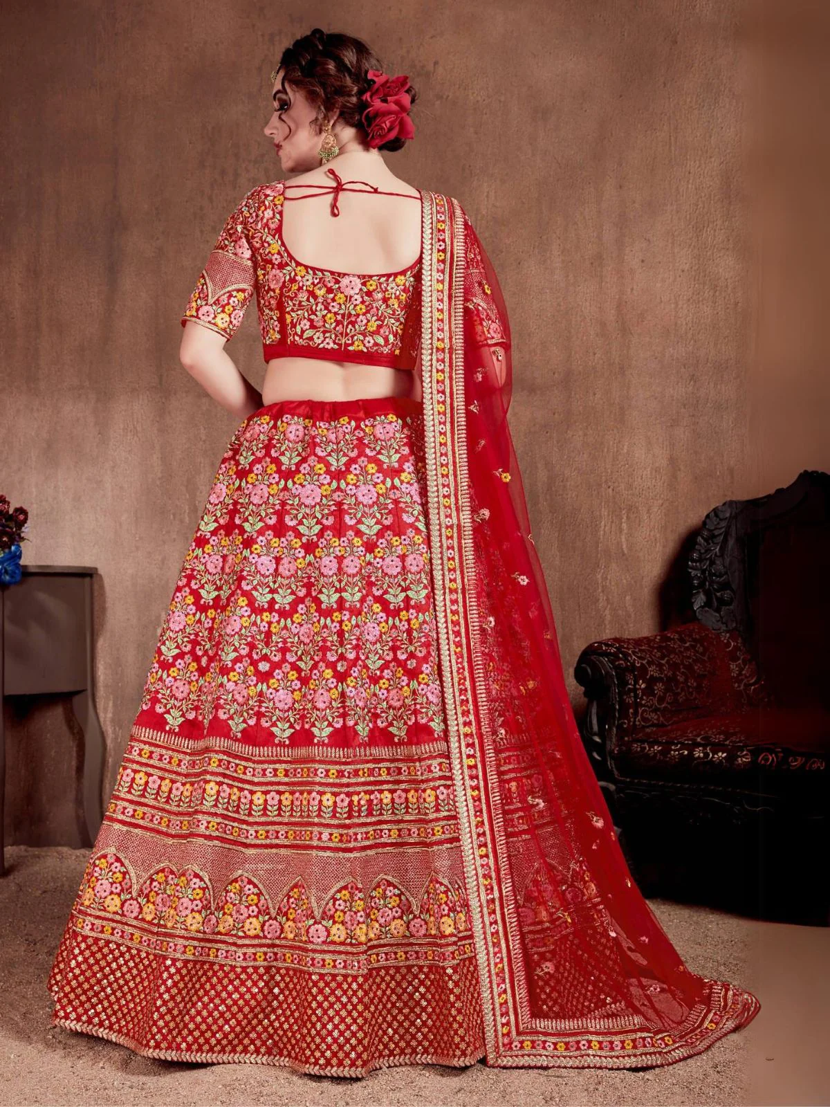 Odette Red Silk Blend Embroidered Semi Stitched Lehenga With Blouse For Women - Image 4
