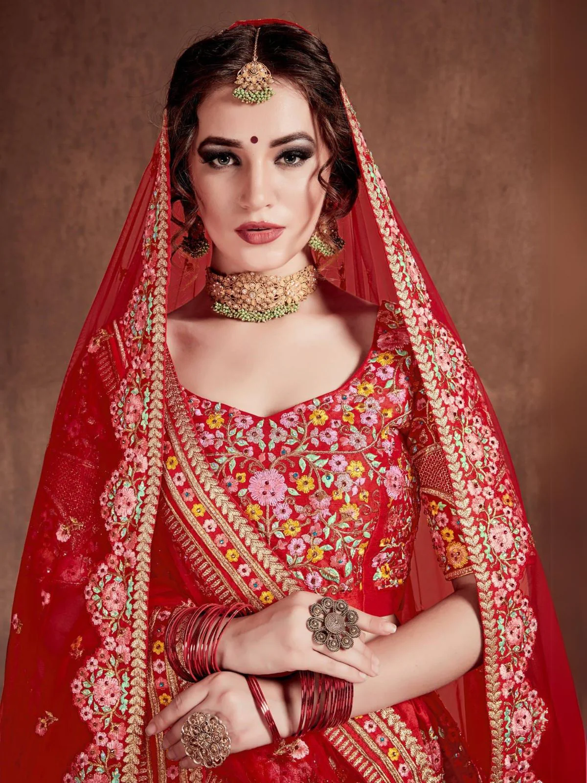 Odette Red Silk Blend Embroidered Semi Stitched Lehenga With Blouse For Women - Image 5