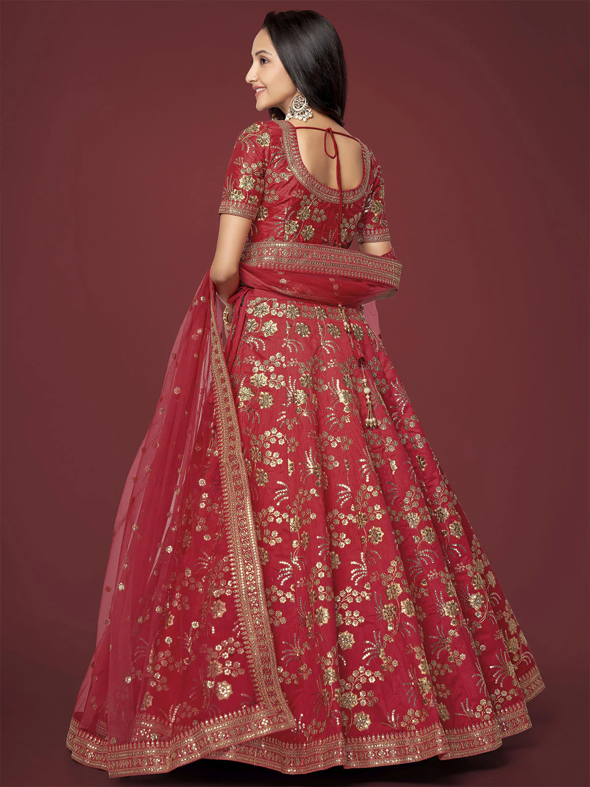 Odette Red Silk Blend Embroidered Semi Stitched Lehenga With Unstitched Blouse For Women - Image 3