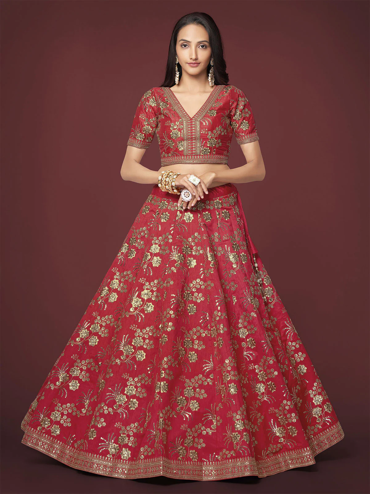Odette Red Silk Blend Embroidered Semi Stitched Lehenga With Unstitched Blouse For Women - Image 4