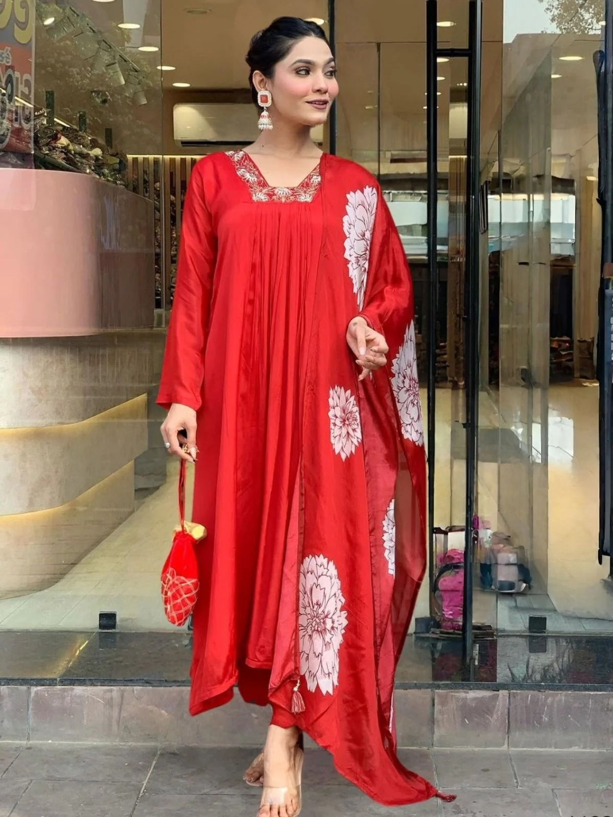 Odette Red Silk Blend Embroidered Stitched Kurta Set For Women - Image 2