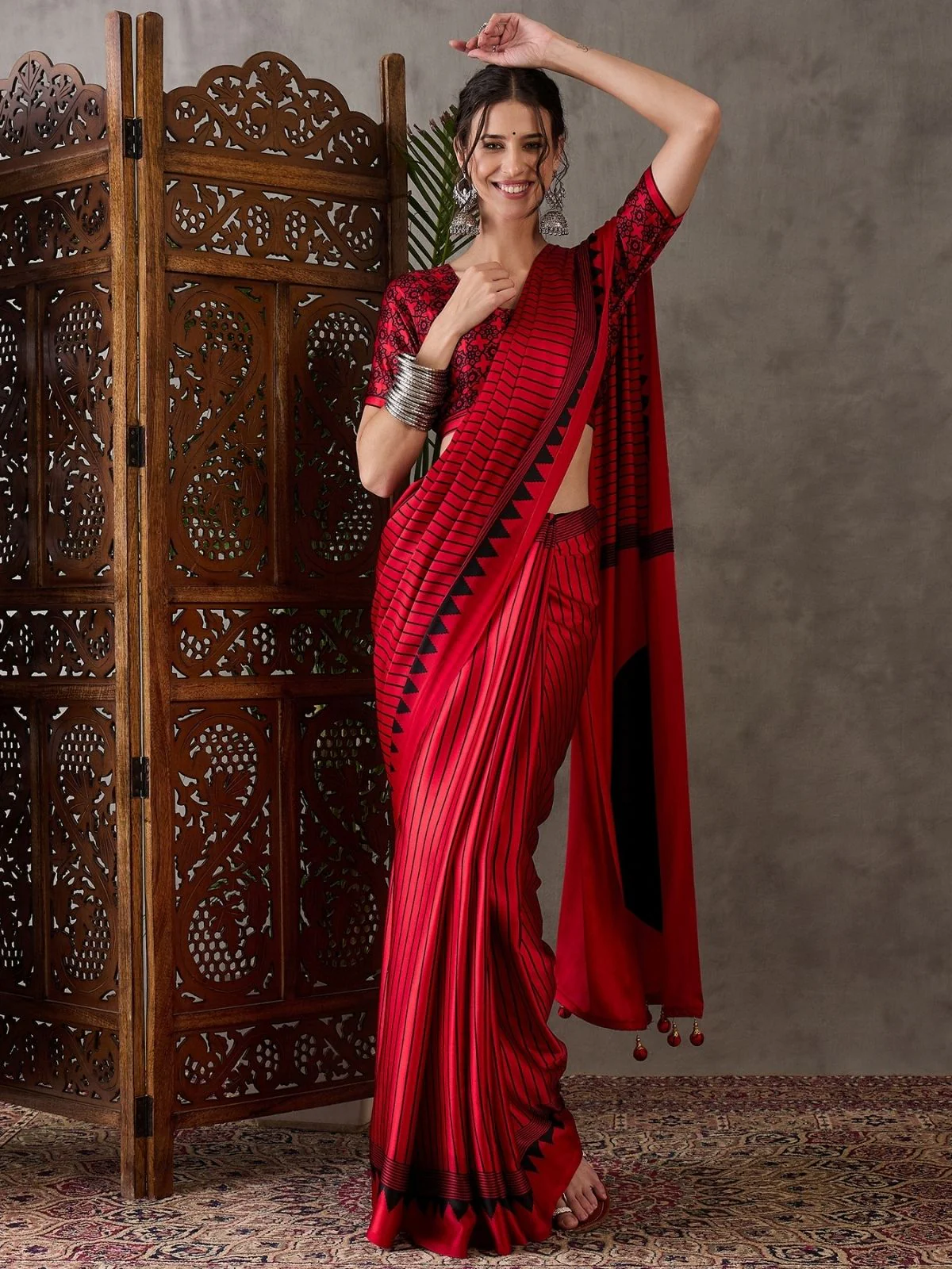 Odette Red Silk Blend Printed Elegant Saree For Women