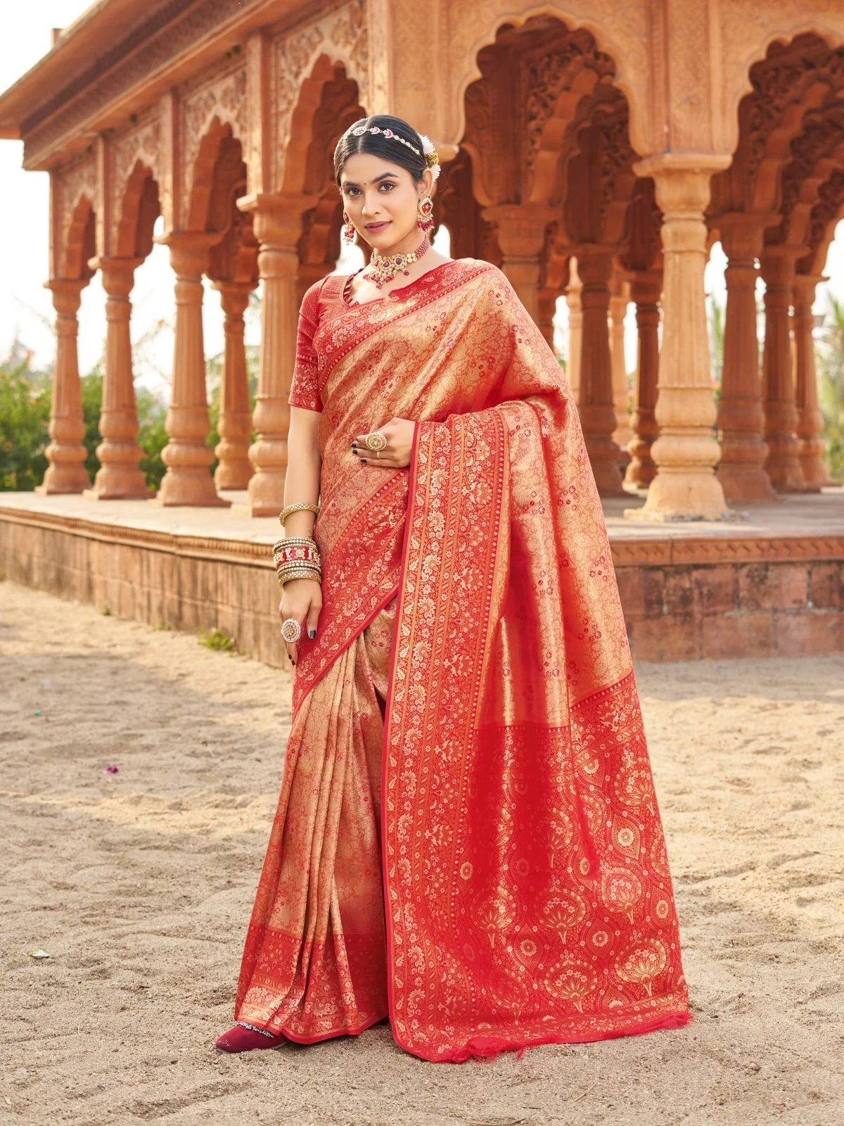 Odette Red Silk Blend Woven Banarasi Saree For Women - Image 3