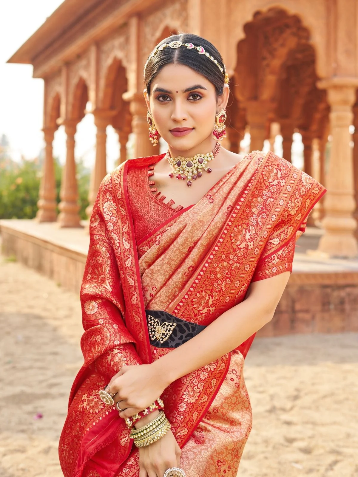 Odette Red Silk Blend Woven Banarasi Saree For Women - Image 5