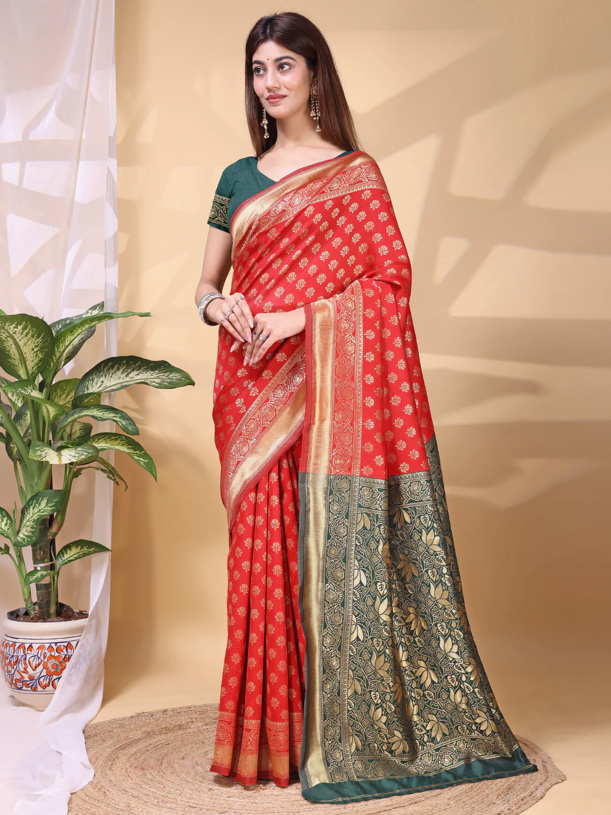 Odette Red Silk Blend Woven Saree For Women