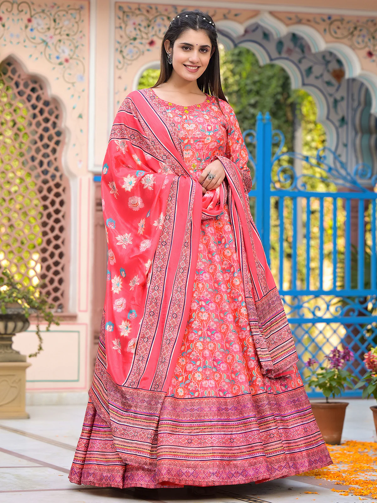 Odette Red Silk Stitched Gown with Dupatta For Women - Image 2